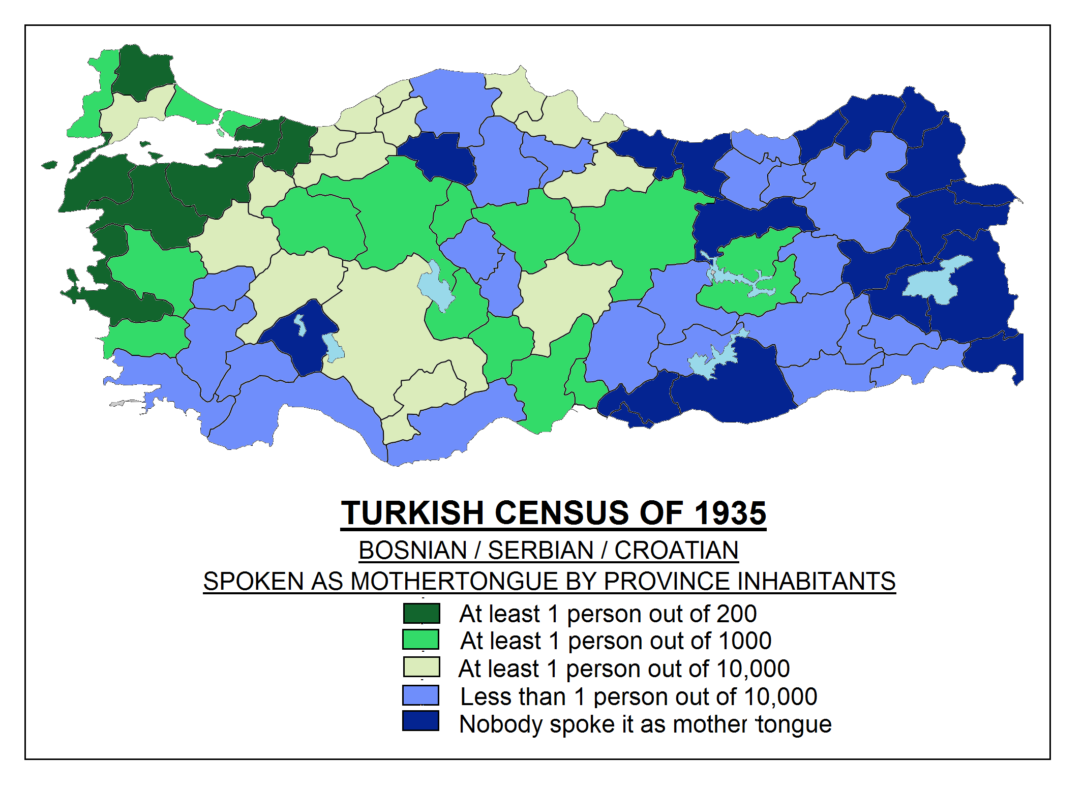 Bosnian, Croatian and Serbian spoken as mothertongue in Turkey (1935
