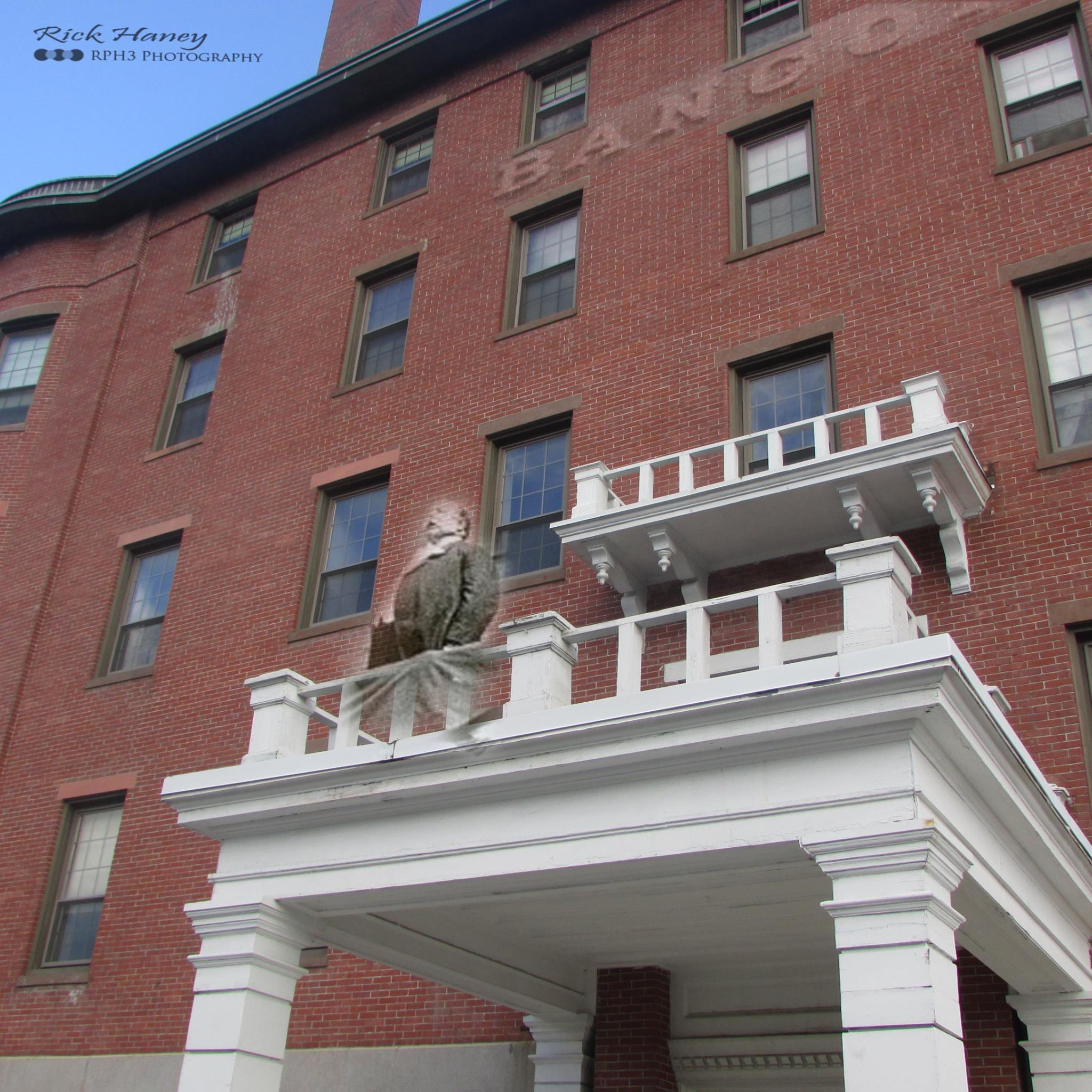 Ghost of President Howard Taft speaking from the portico of the Bangor