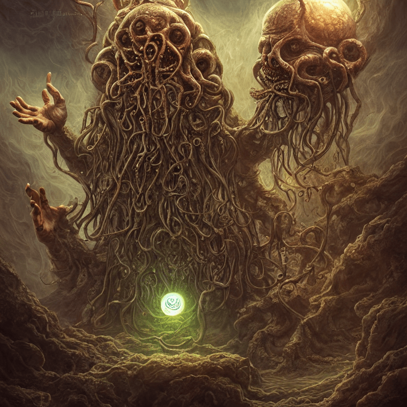 A Stereotypical Eldritch God holds the world in his hand as he laughs