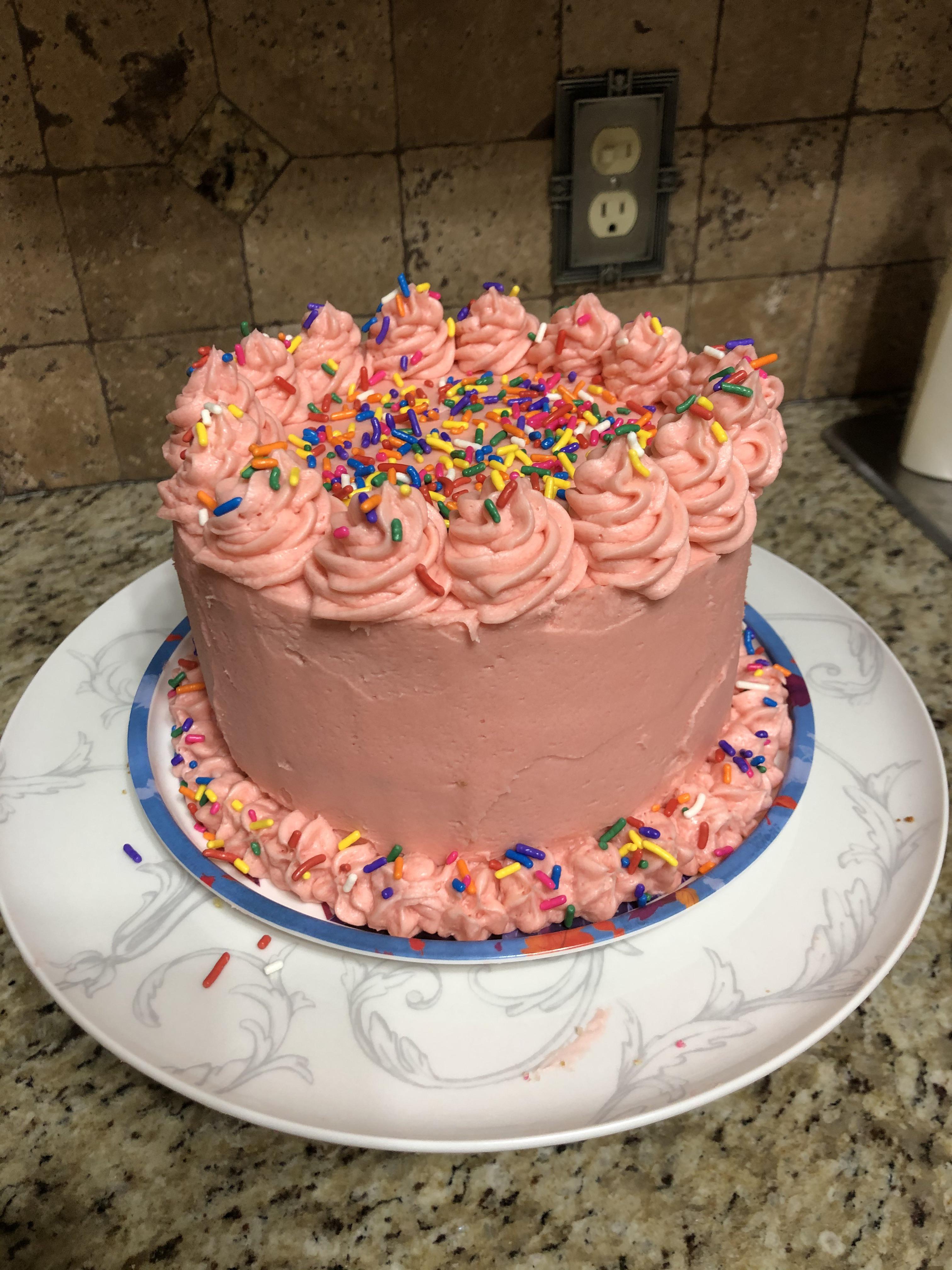 My second ever layered cake, a mini funfetti birthday cake for my neighbor! Pretty proud of this