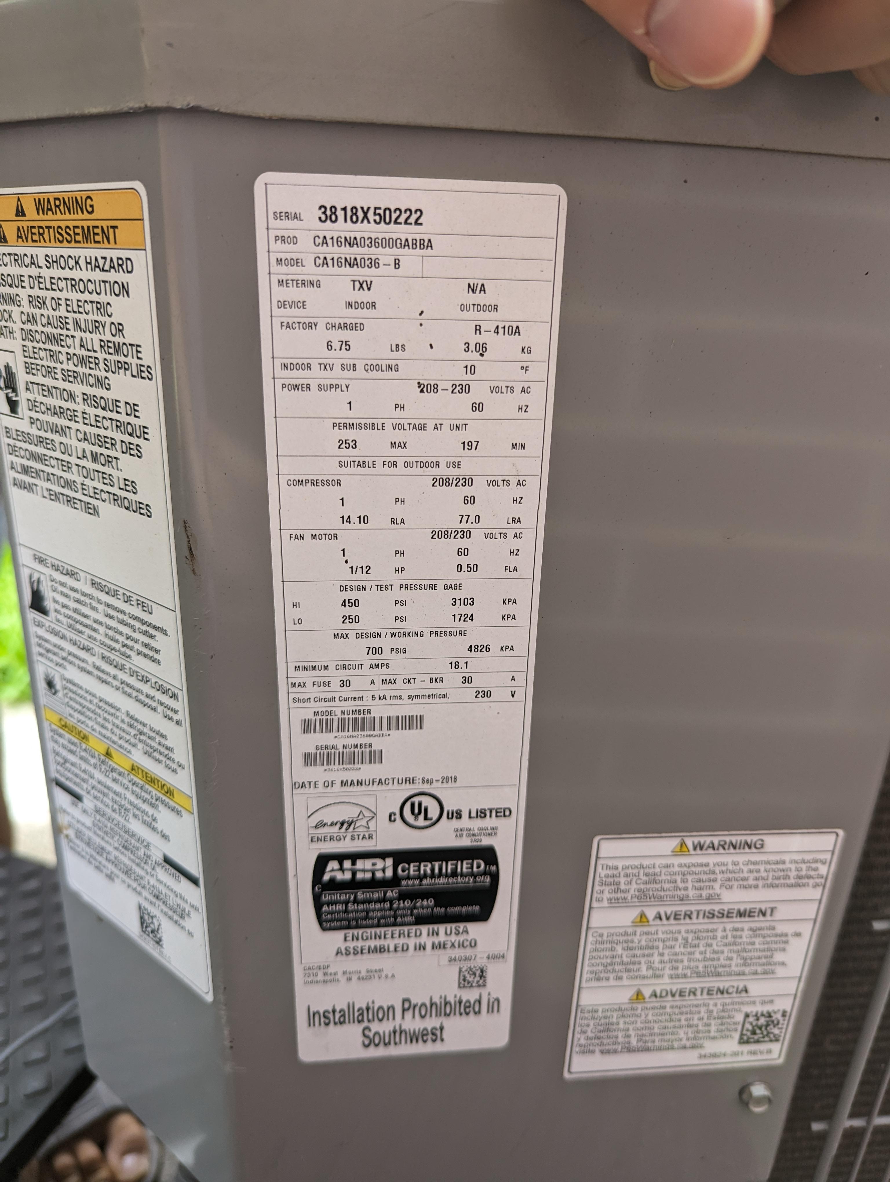 Why is my outside unit says "Installation Prohibited in Southwest" r