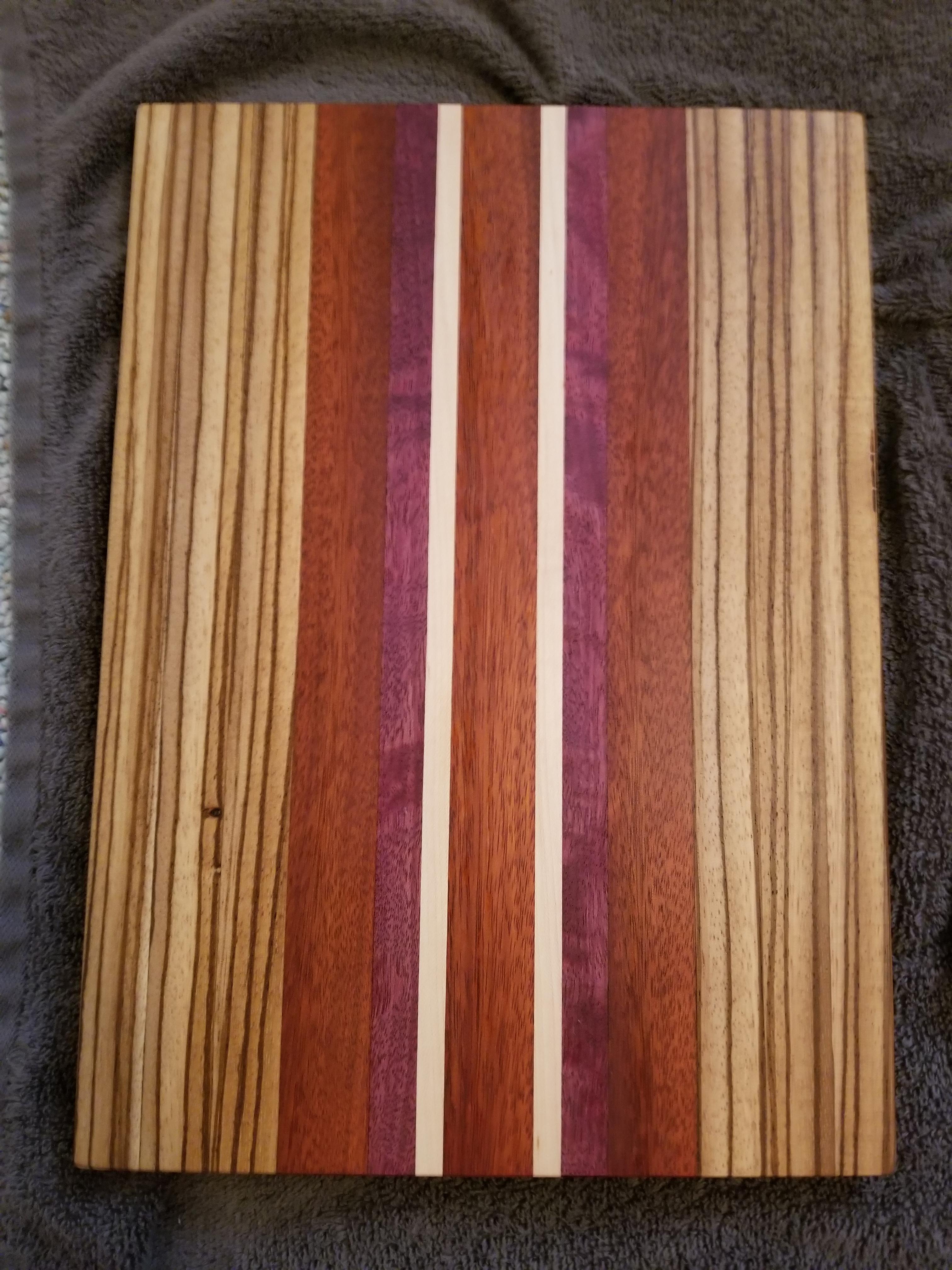 Cutting board zebrawood, bloodwood, purple heart and maple r/woodworking
