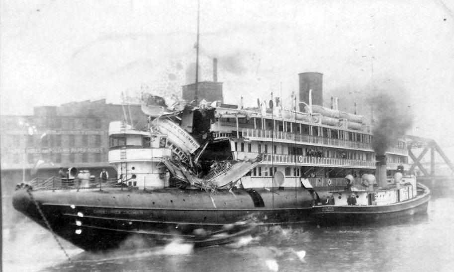 The whaleback excursion liner SS Christopher Columbus after colliding