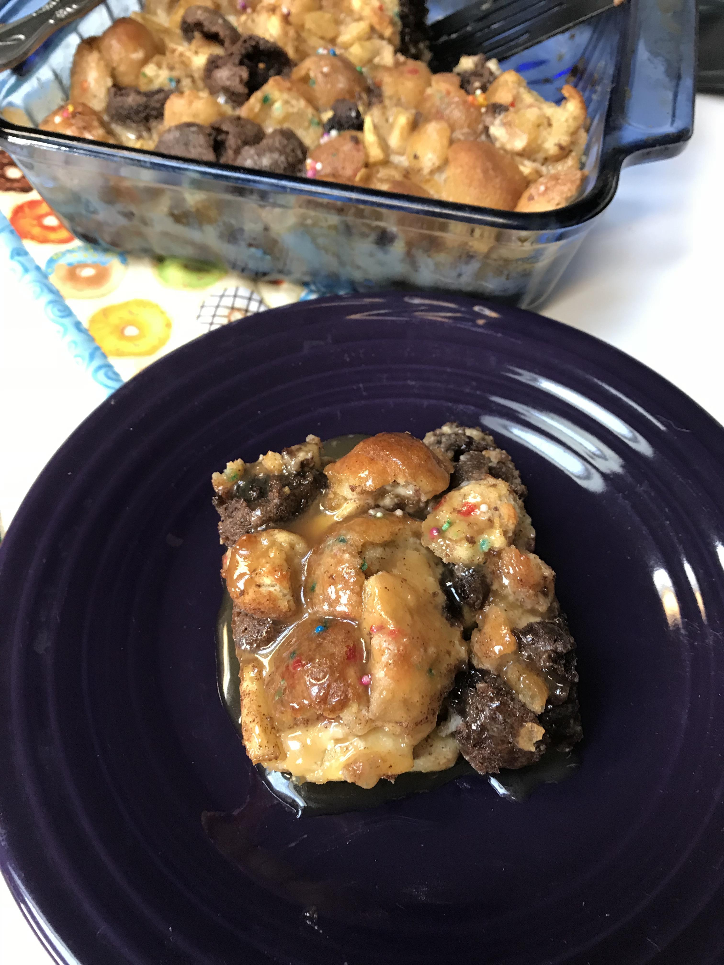 Timbit maple bread pudding with Crown Royal Maple caramel whiskey sauce