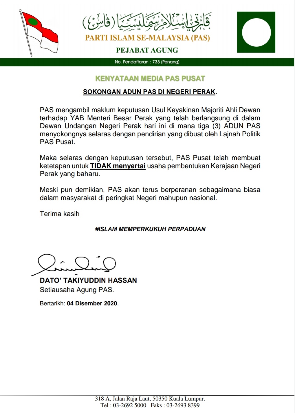 PAS will not be part of new Perak government malaysia
