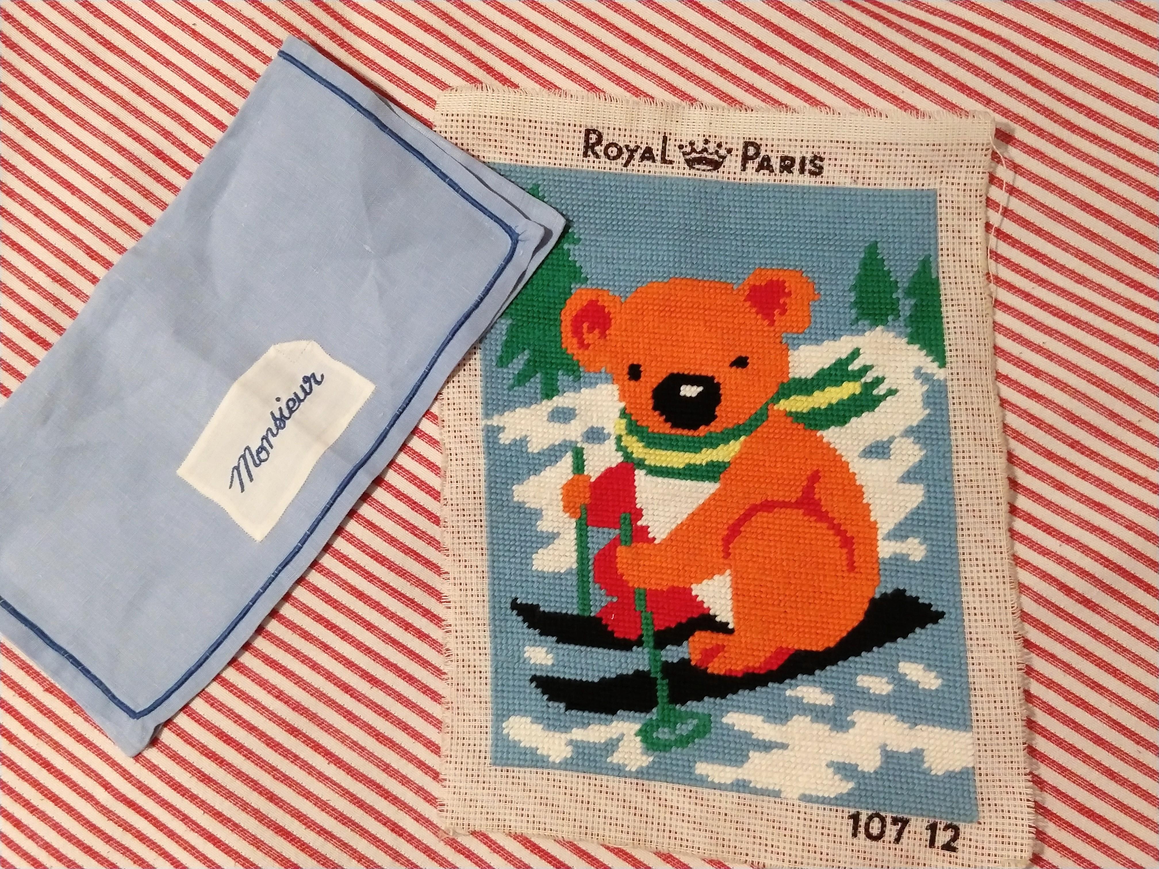 Sassy skiing koala bear needlepoint + "Monsieur" hankie for 3.60 r