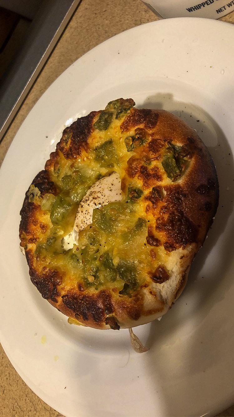 Green chile bagel. I love how the egg is perfectly peaking through r
