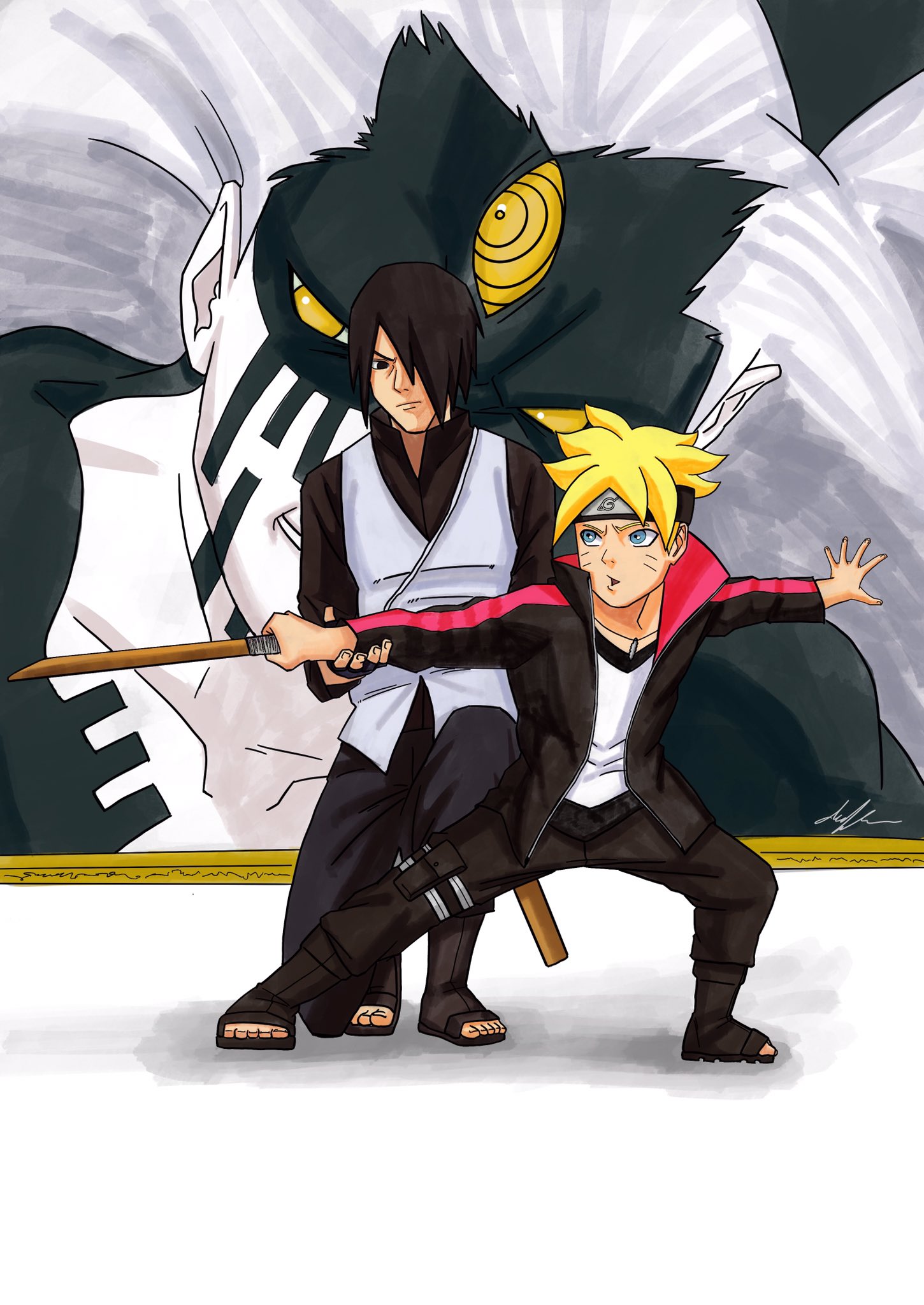 Sasuke & Boruto Sword Training Coloured Drawing. Naruto