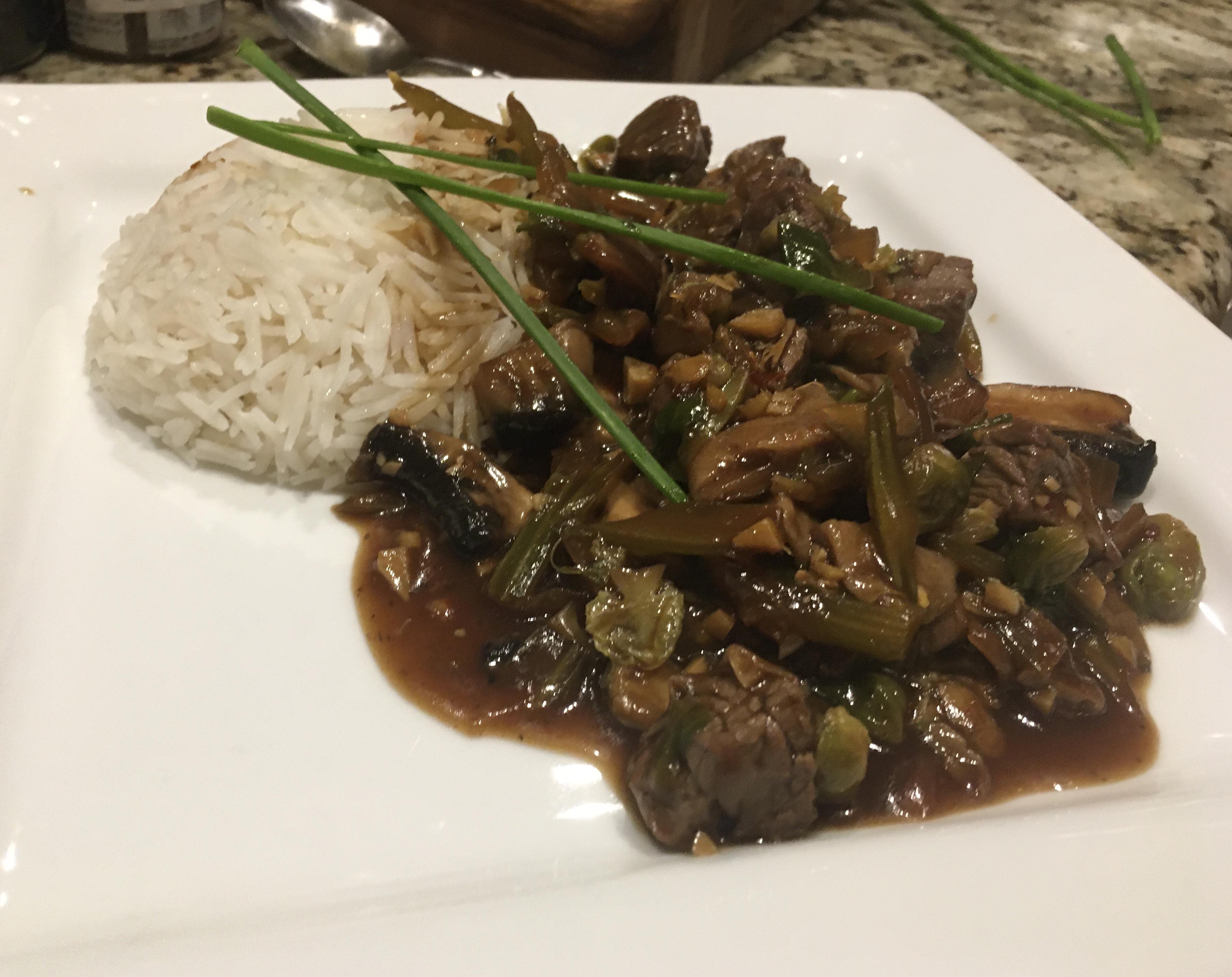 Stir fry with steak, celery, mushrooms, baby Brussels...ginger, garlic