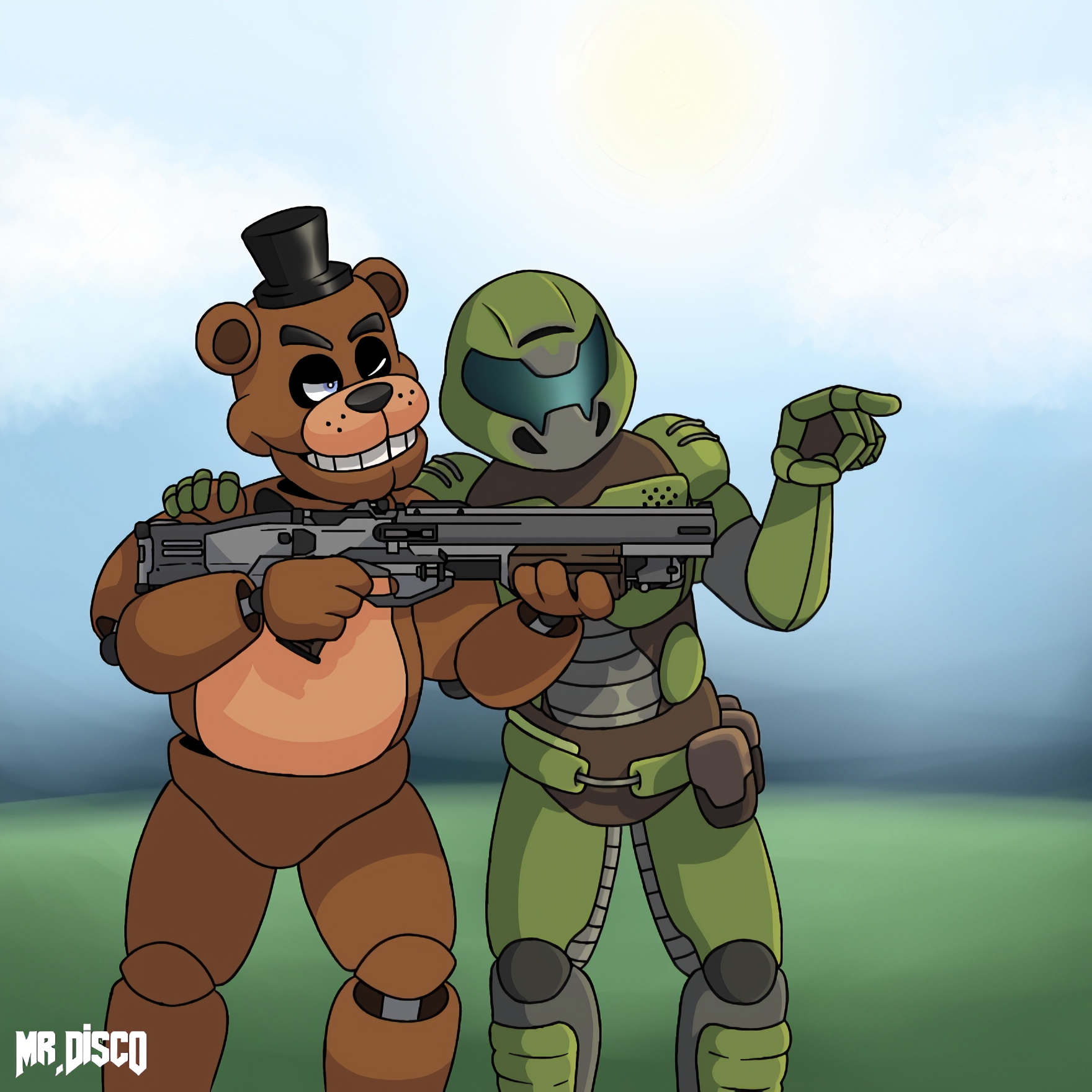 Doomguy teaching Freddy how to use a shotgun. Happy 6th Anniversary! fivenightsatfreddys