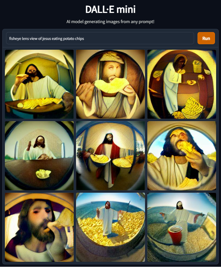 fisheye lens view of jesus eating potato chips r/weirddalle