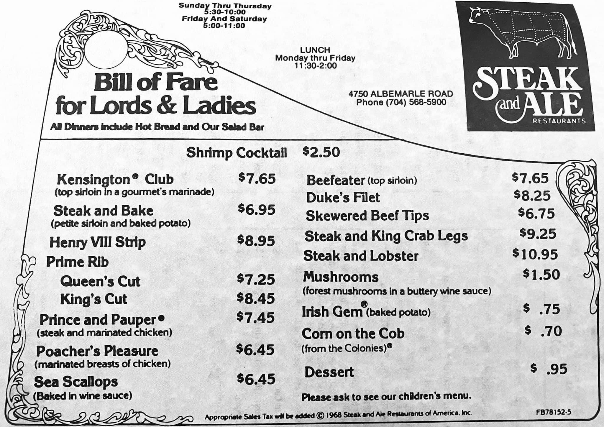 1978 menu for the Steak and Ale that was on Albemarle Rd in Charlotte