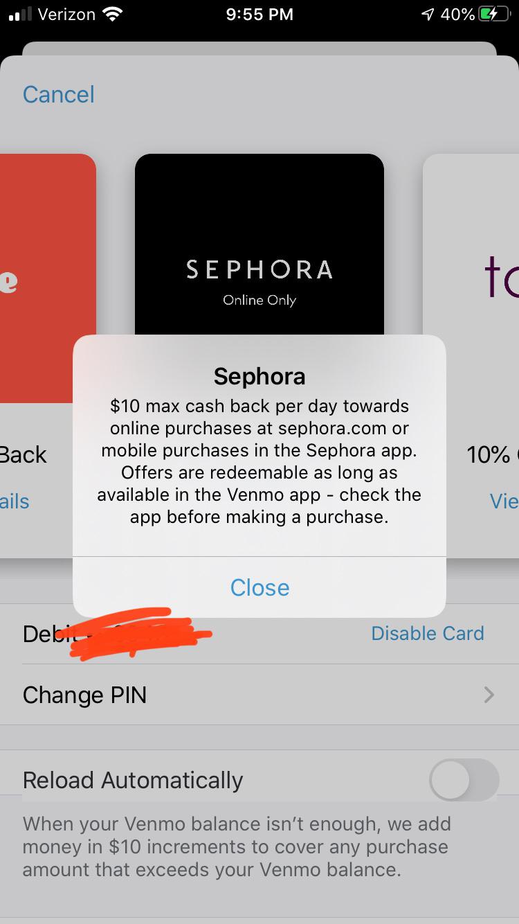 Venmo offers 5 cash back for shopping Sephora! Venmo cards are free