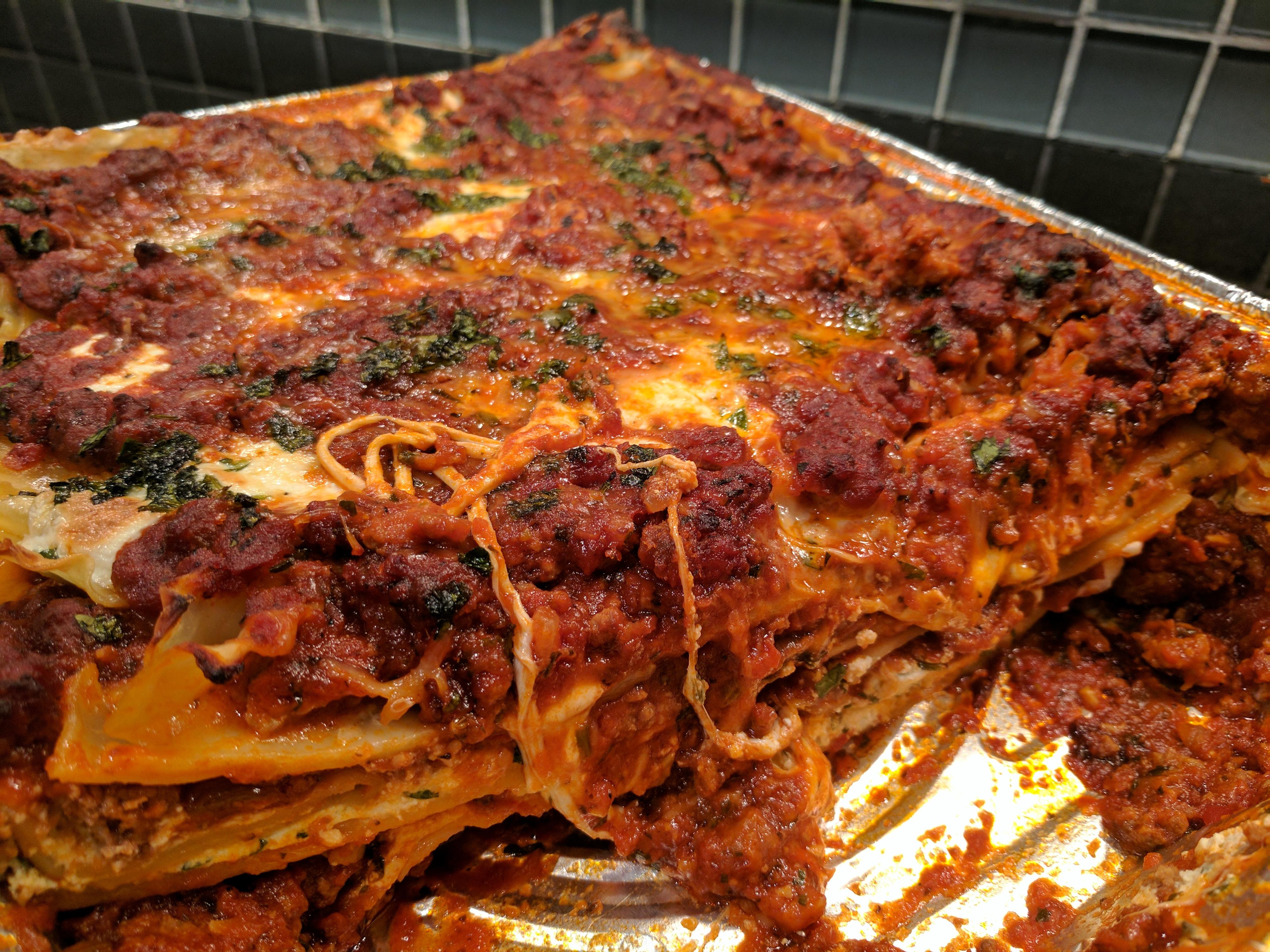 [Homemade] pork sausage and ground beef Lasagna with homemade gravy r/food