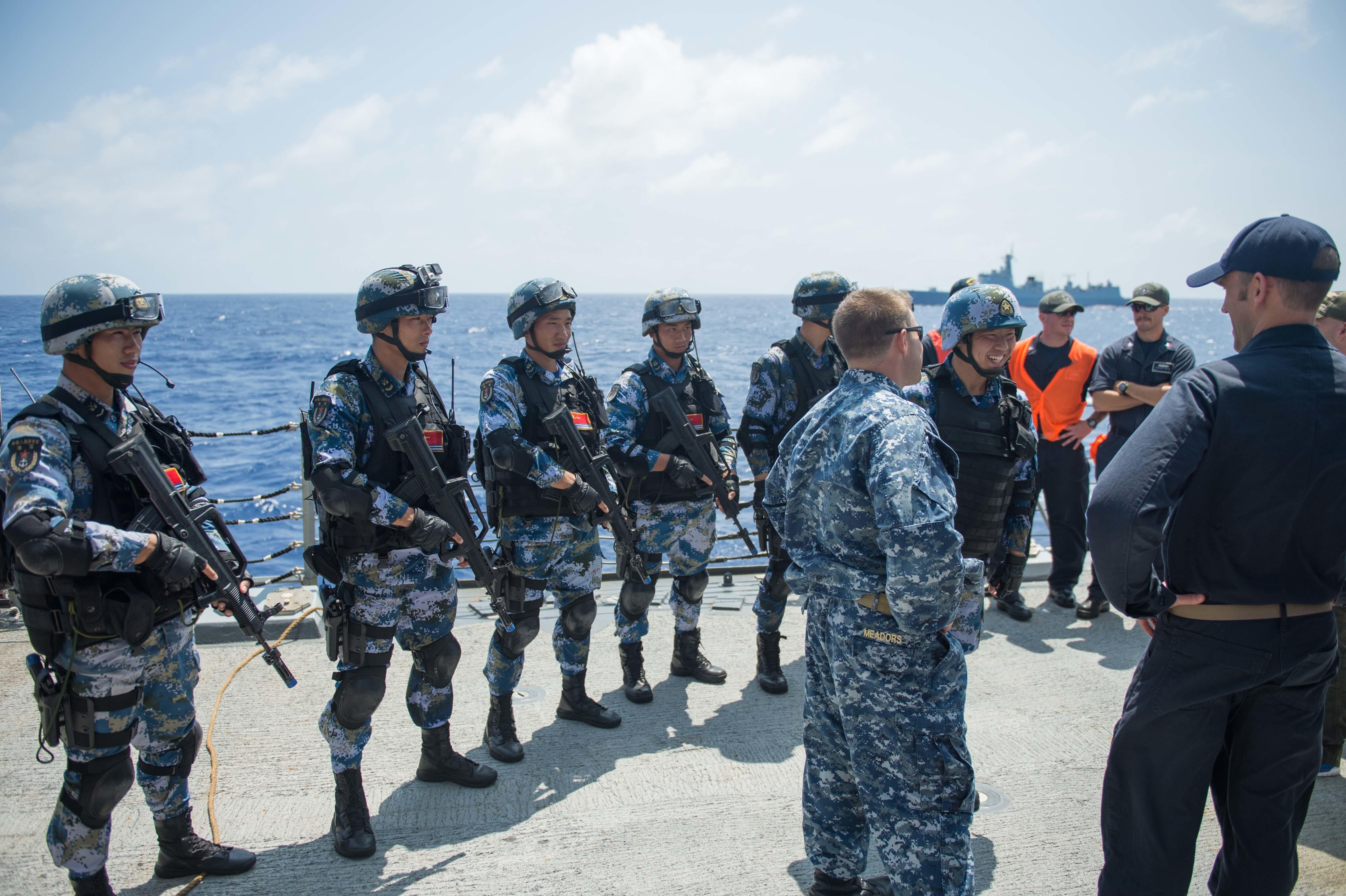 Chinese Marines aboard the US Navy destroyer USS Stockdale (DDG106