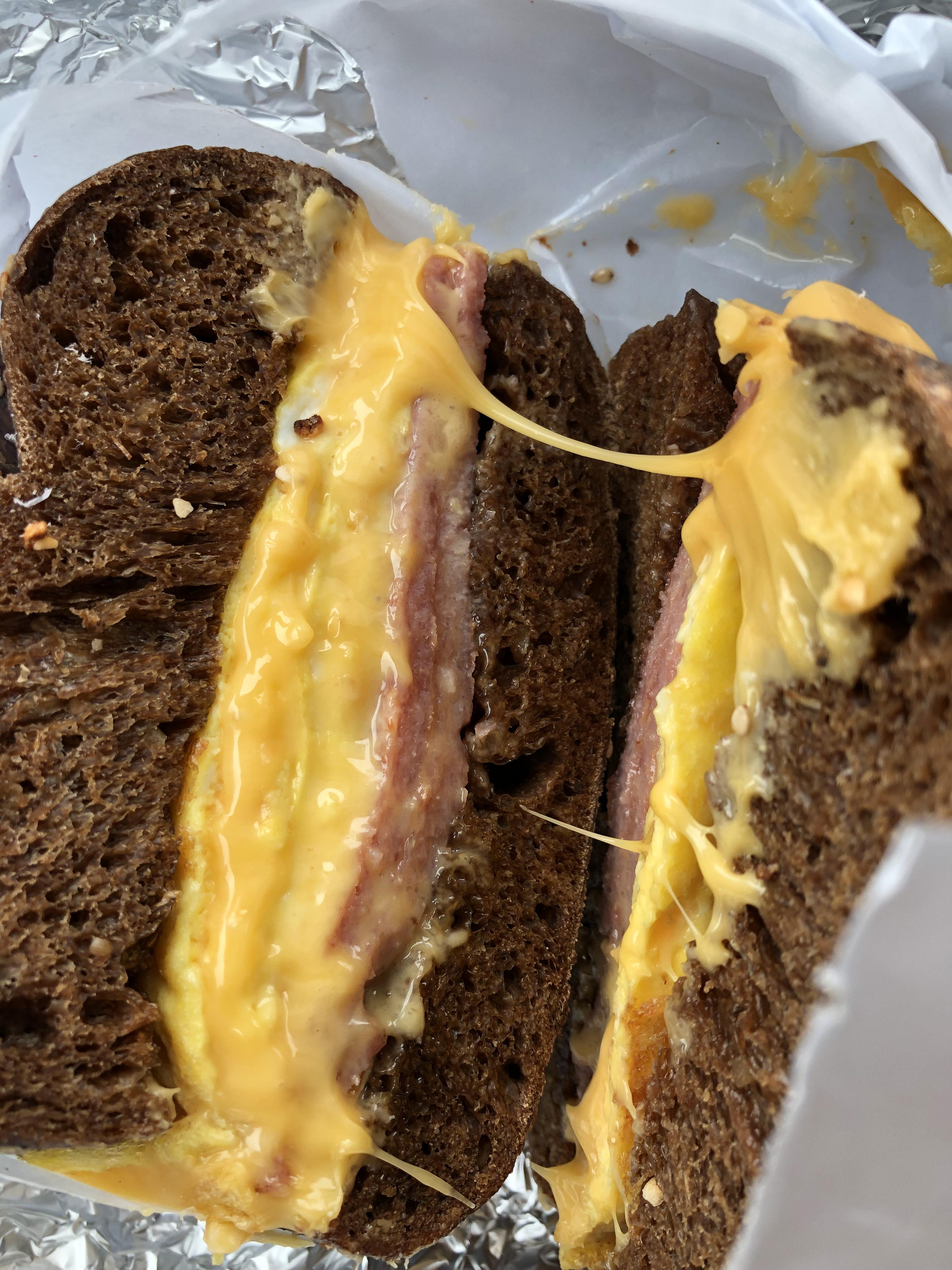 Taylor Ham, Egg and Cheese on a Black Russian bagel (Plaza Bagel