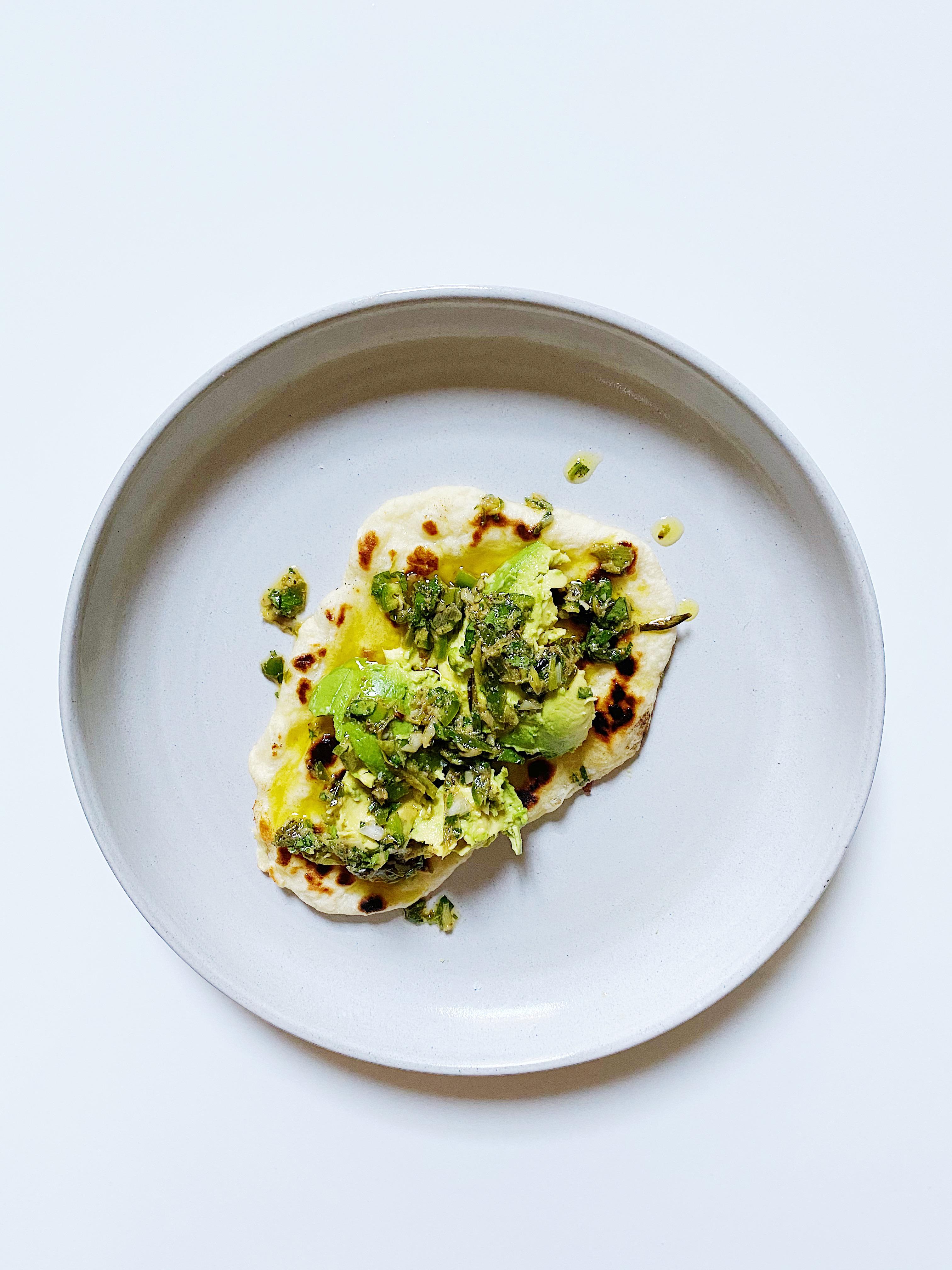 Made Andy's flatbread with Avocado and Scallion Salsa r/bon_appetit