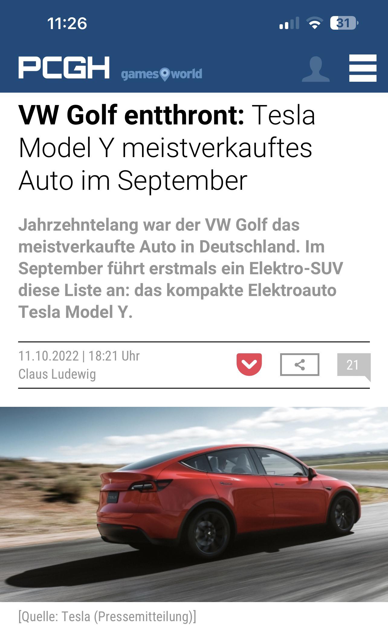 Tesla most sold car in Germany ahead of VW Golf r/TeslaModelY
