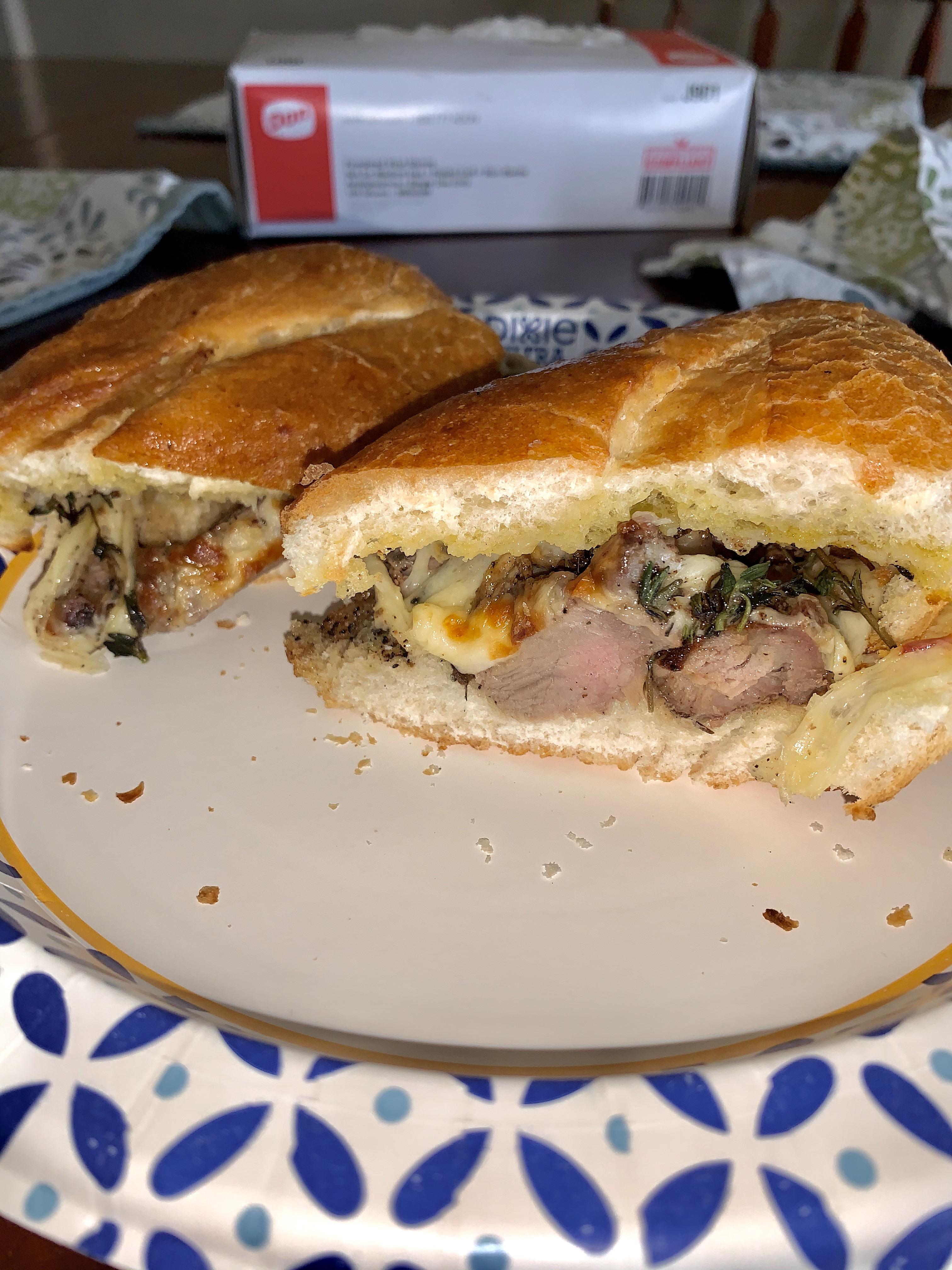 Leftover steak hero with pepper jack on toasted/buttered hoagie roll