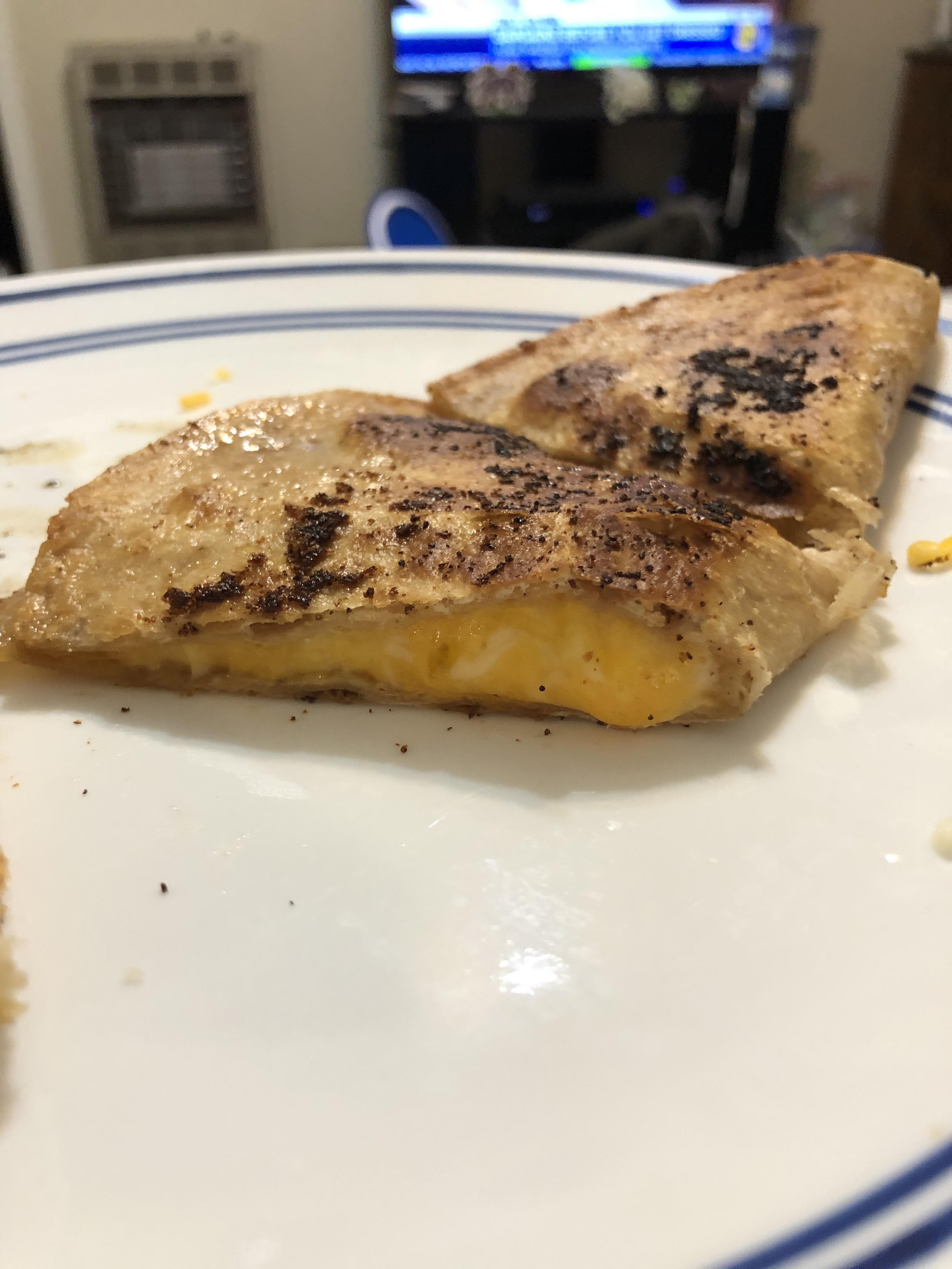 Quesadilla with a low carb tortilla and colby jack cheese, fried in