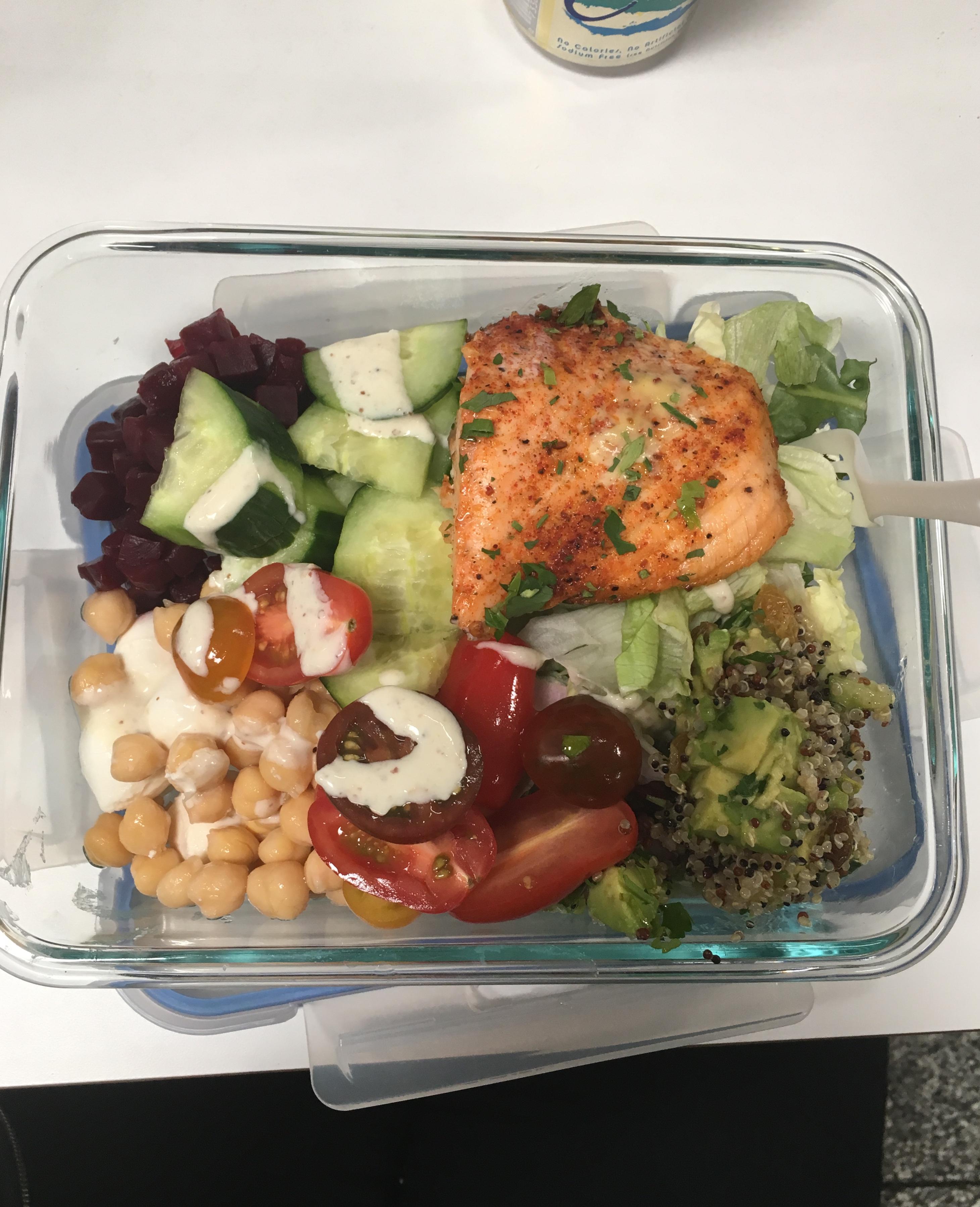 Love my office salad bar! Loaded salad with salmon, chickpeas, avocado