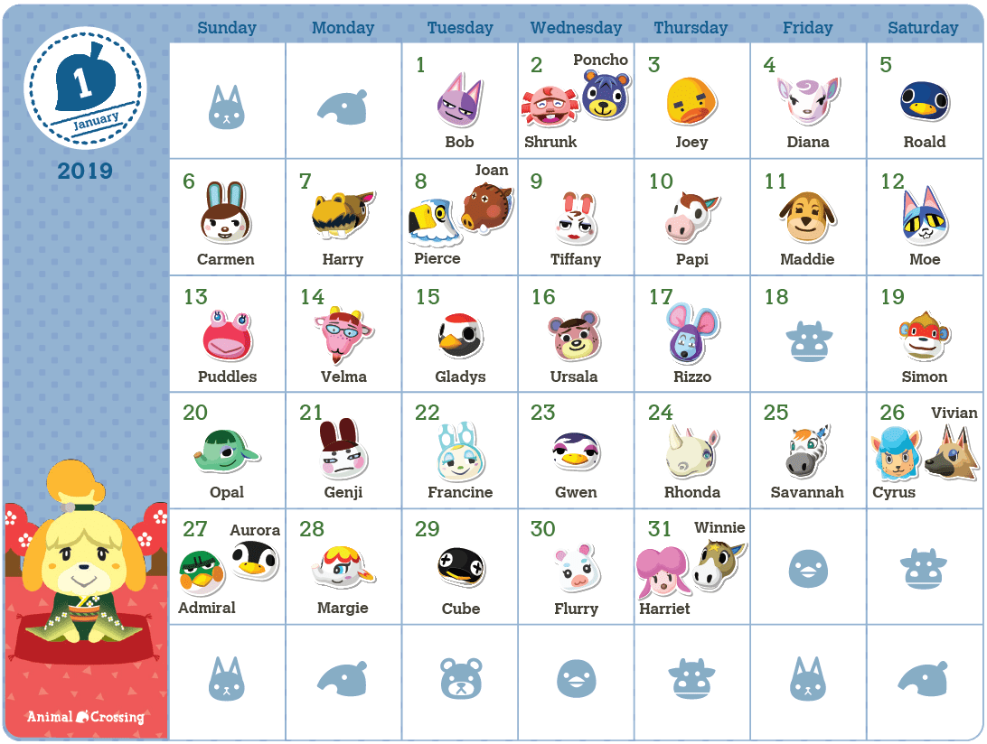 Animal Crossing Birthday Calender 2019 r/AnimalCrossing