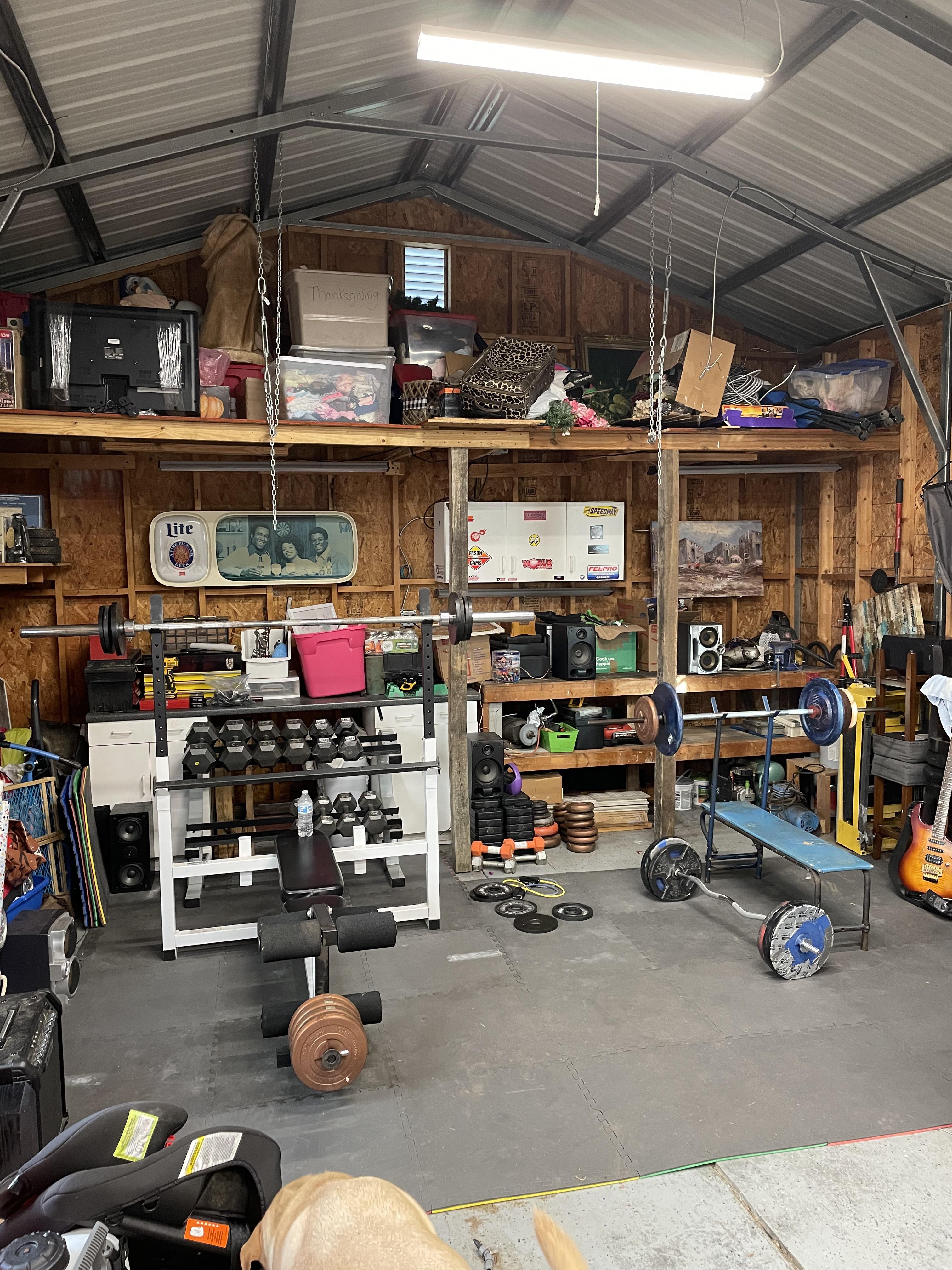 Garage Gym. Sears 1960’s Bench & Weights on Right. Bodysmith Left