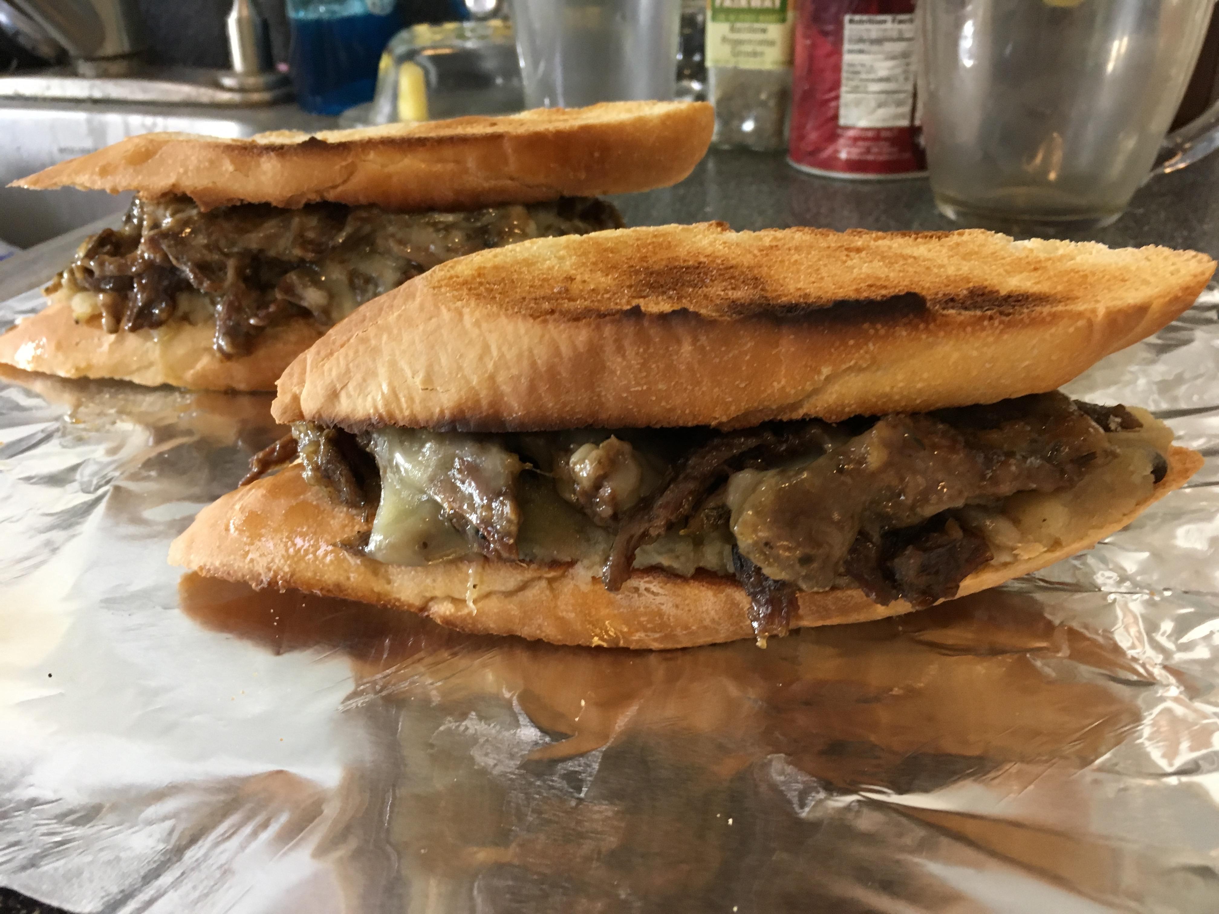 Leftover Pot Roast, Gravy, and Mashed Potatoes Sandwich with Fontina on