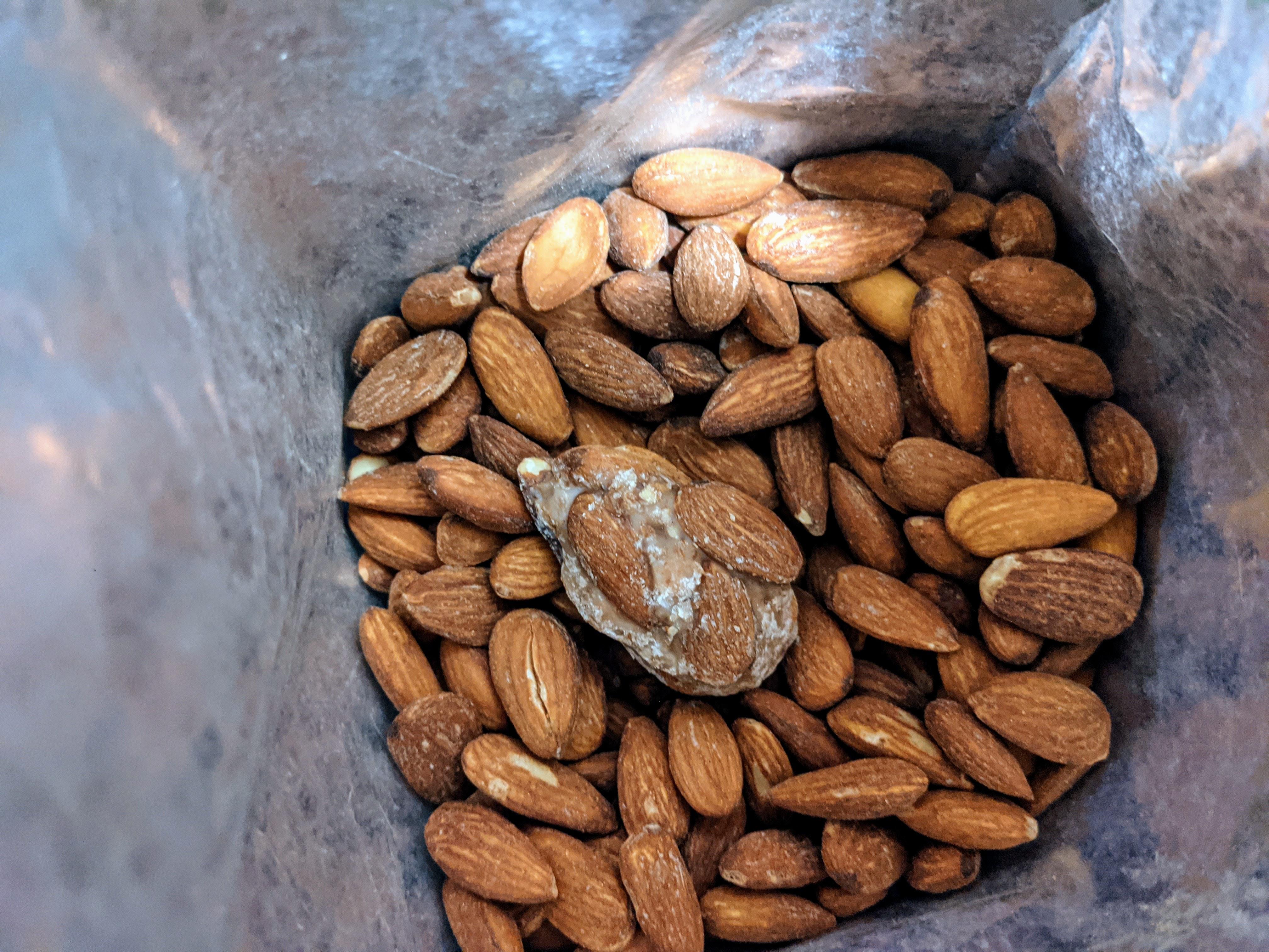Some of my 'lightly salted' almonds stuck together with salt. r