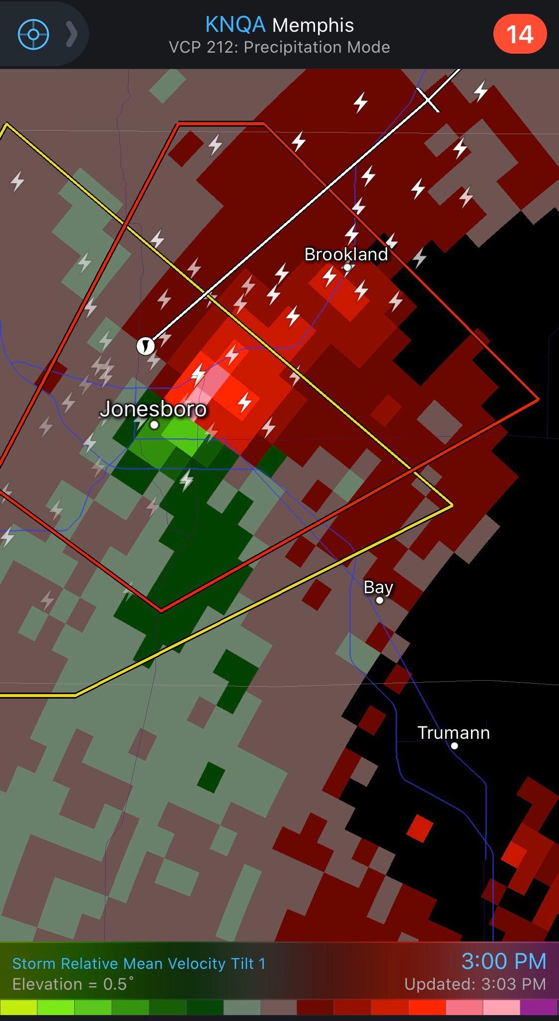 Velocity scan of the Jonesboro Tornado (RadarScope) r/tornado