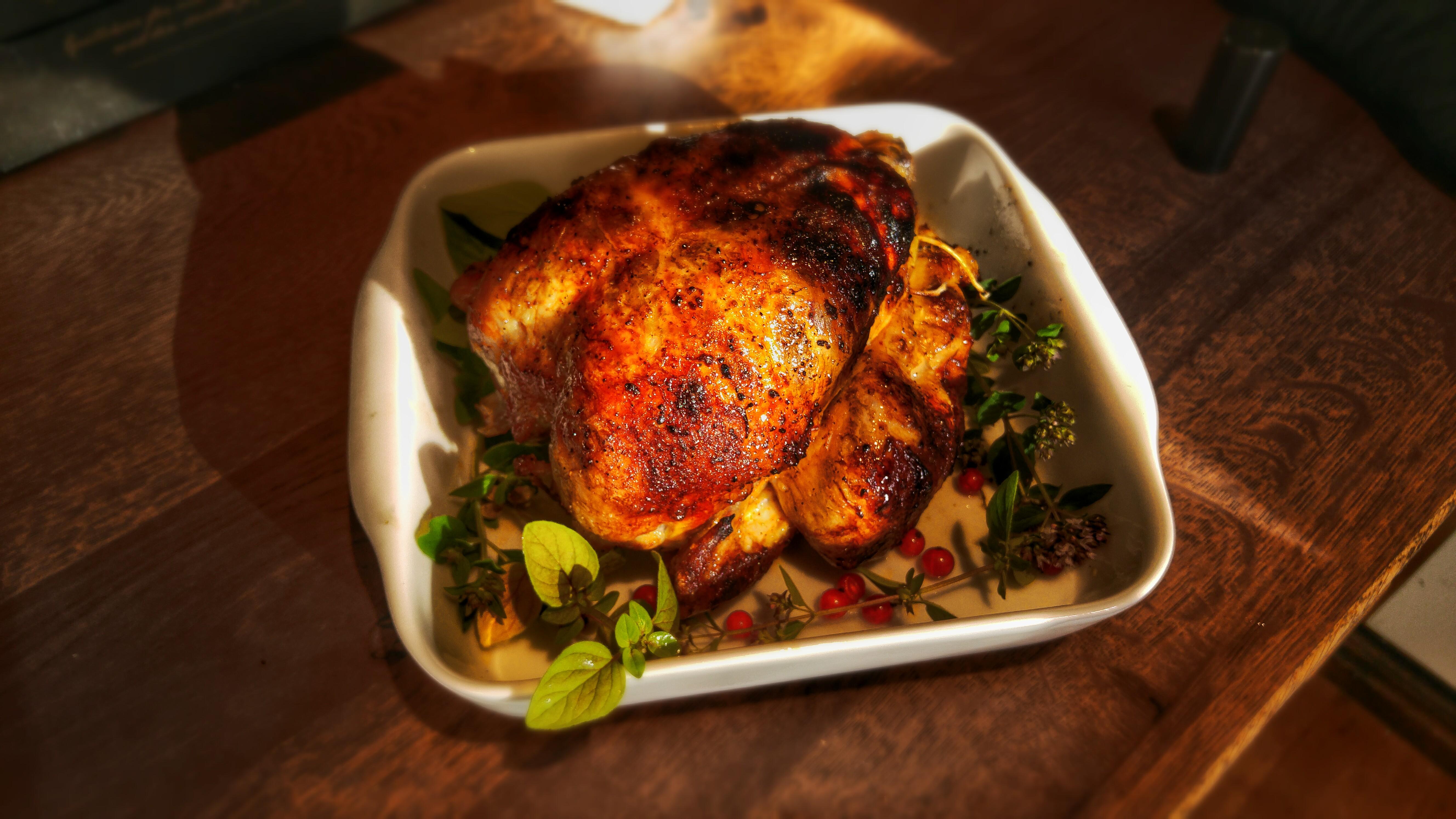 Rotisserie chicken cilantro, oregano and chili flake rub. Injected