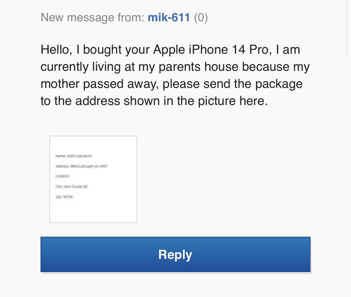eBay buyer paid, but asks me to send product to a different address in