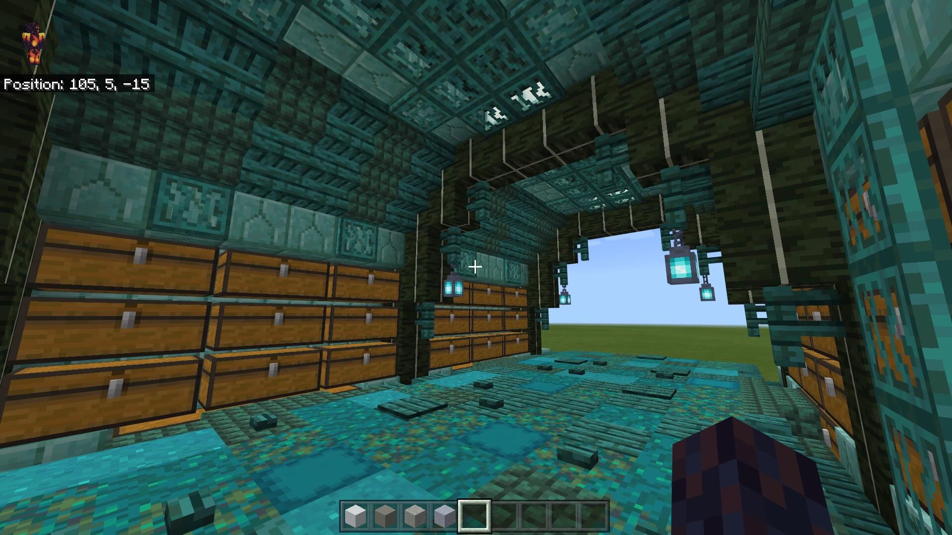 Working on an underwater temple themed base, this is the storage area. Feel free to copy! r