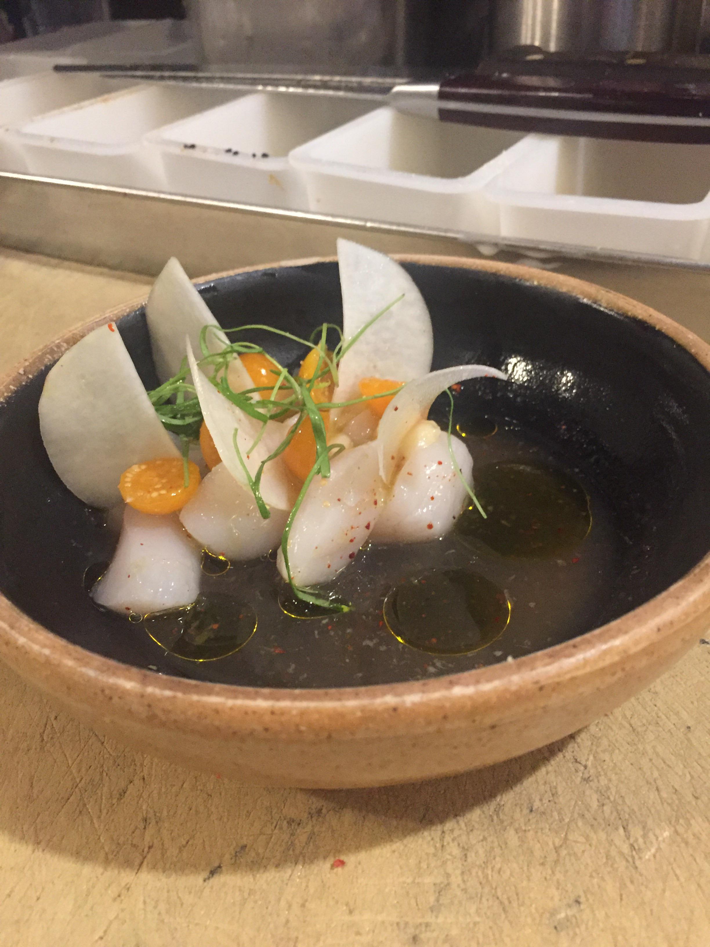 Scallop crudo with yuzu/green apple ponzu, gooseberries and kohlrabi