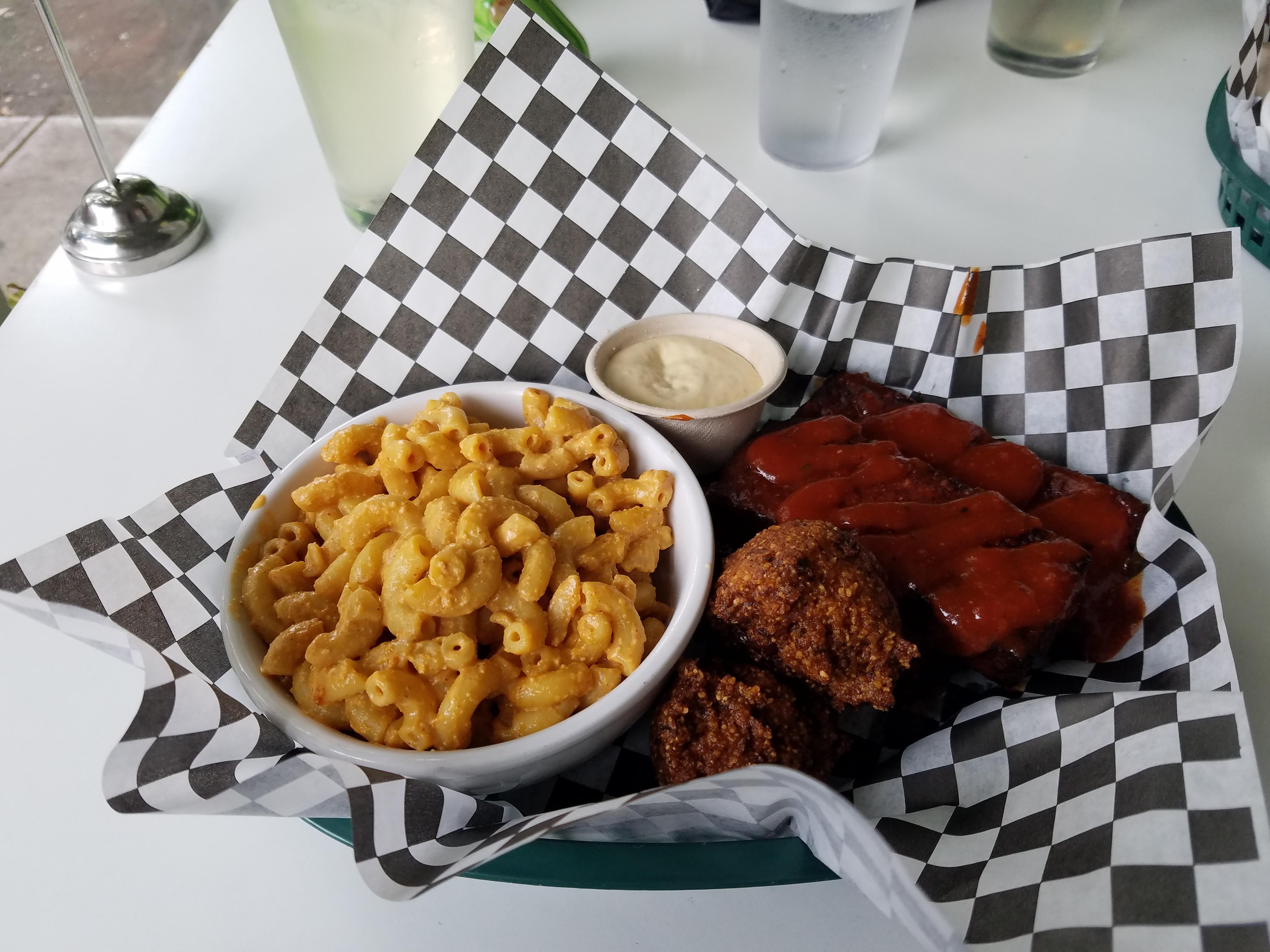 BBQ tempeh rib plate with macnocheese and hush puppies from Homegrown