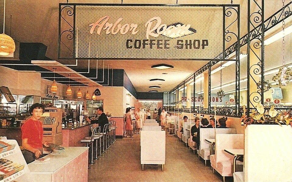 1960ish postcard view of the Arbor Room, a coffee shop feature of