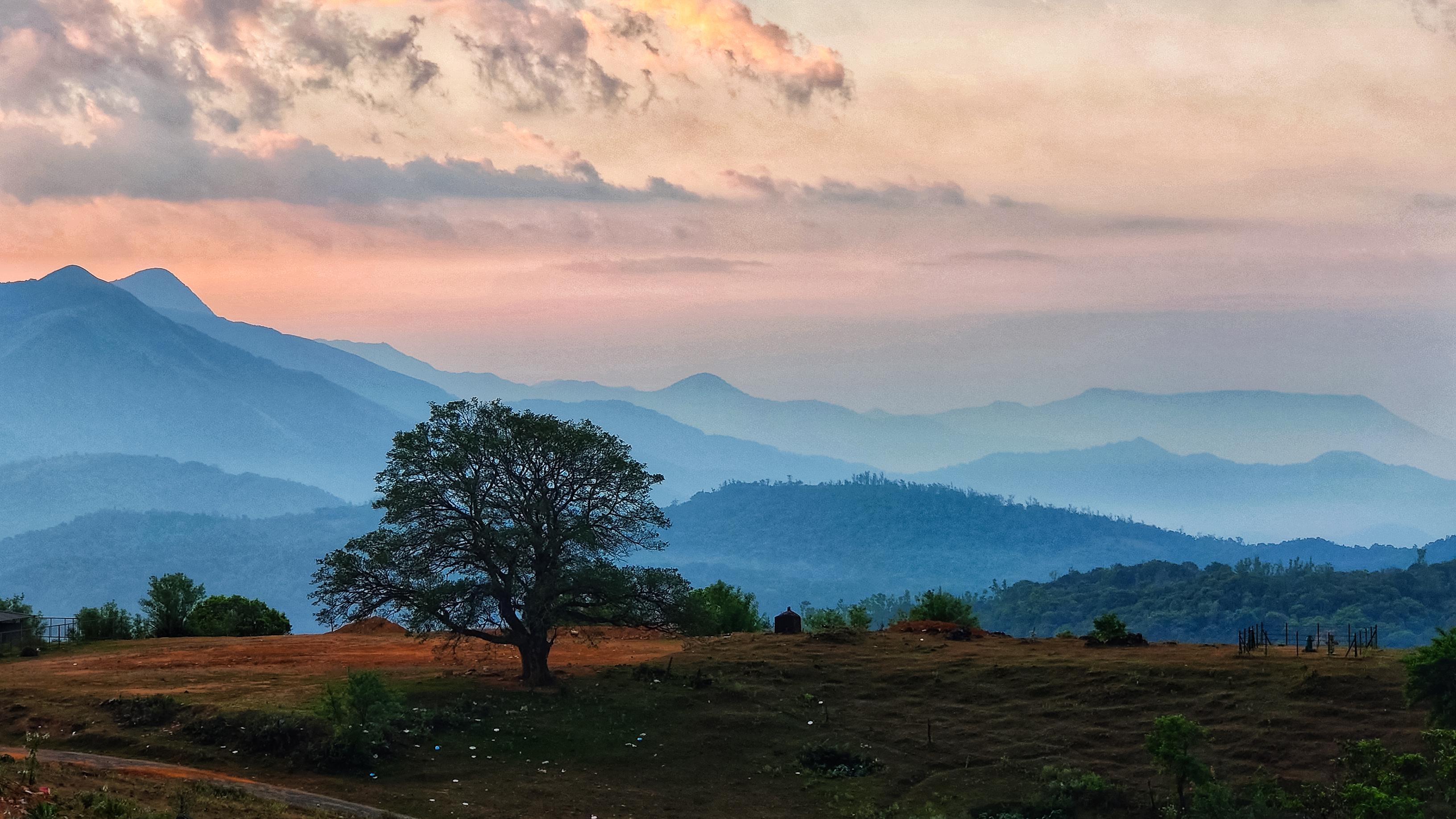 Sunrise amidst misty mountains in Karnataka, India (3264 × 1836) [OC
