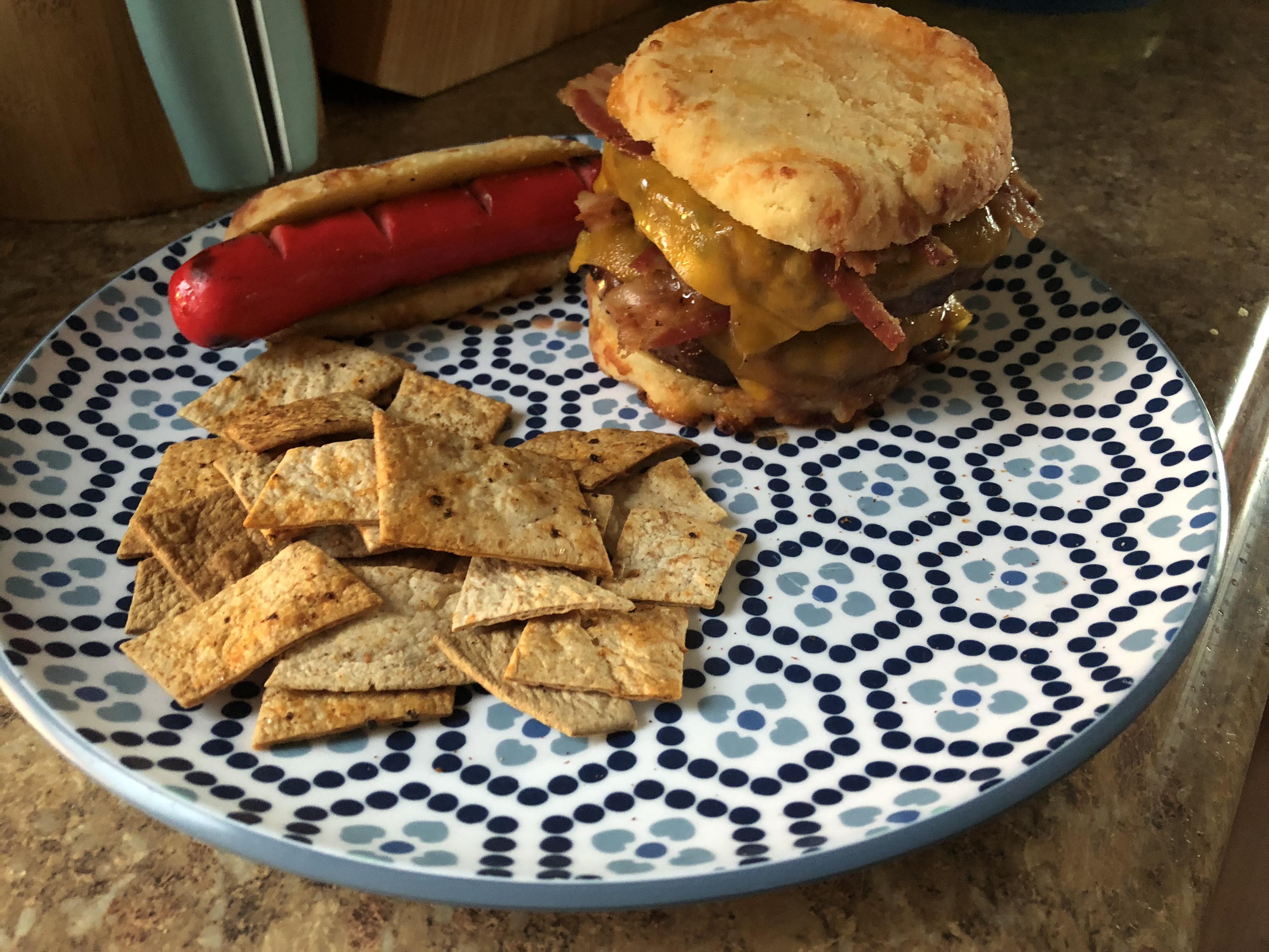 Mesquite BBQ chips, BBQ bacon double cheeseburger and a red hot dog on
