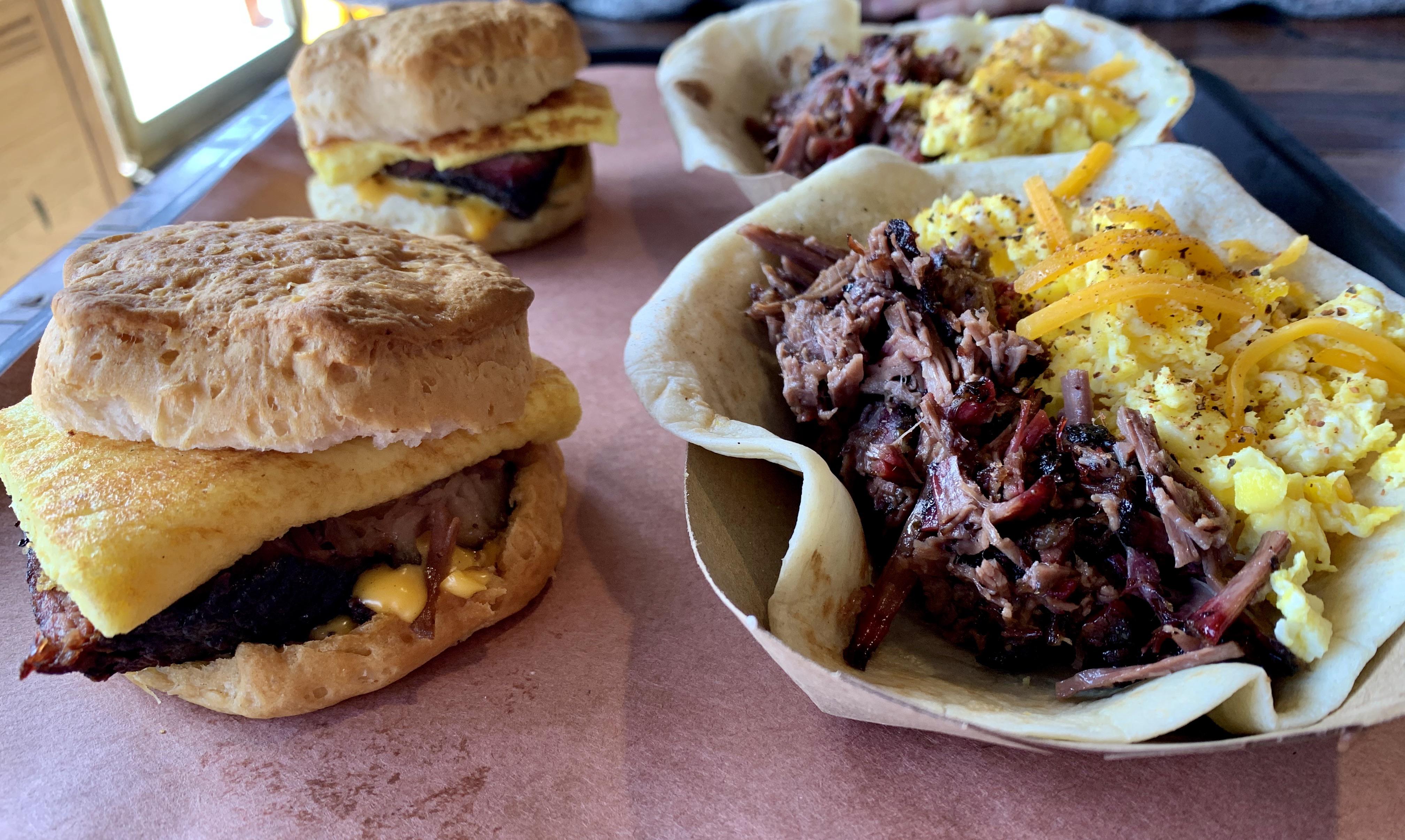 Brisket, egg, and cheese biscuits and brisket tacos. r/FoodPorn