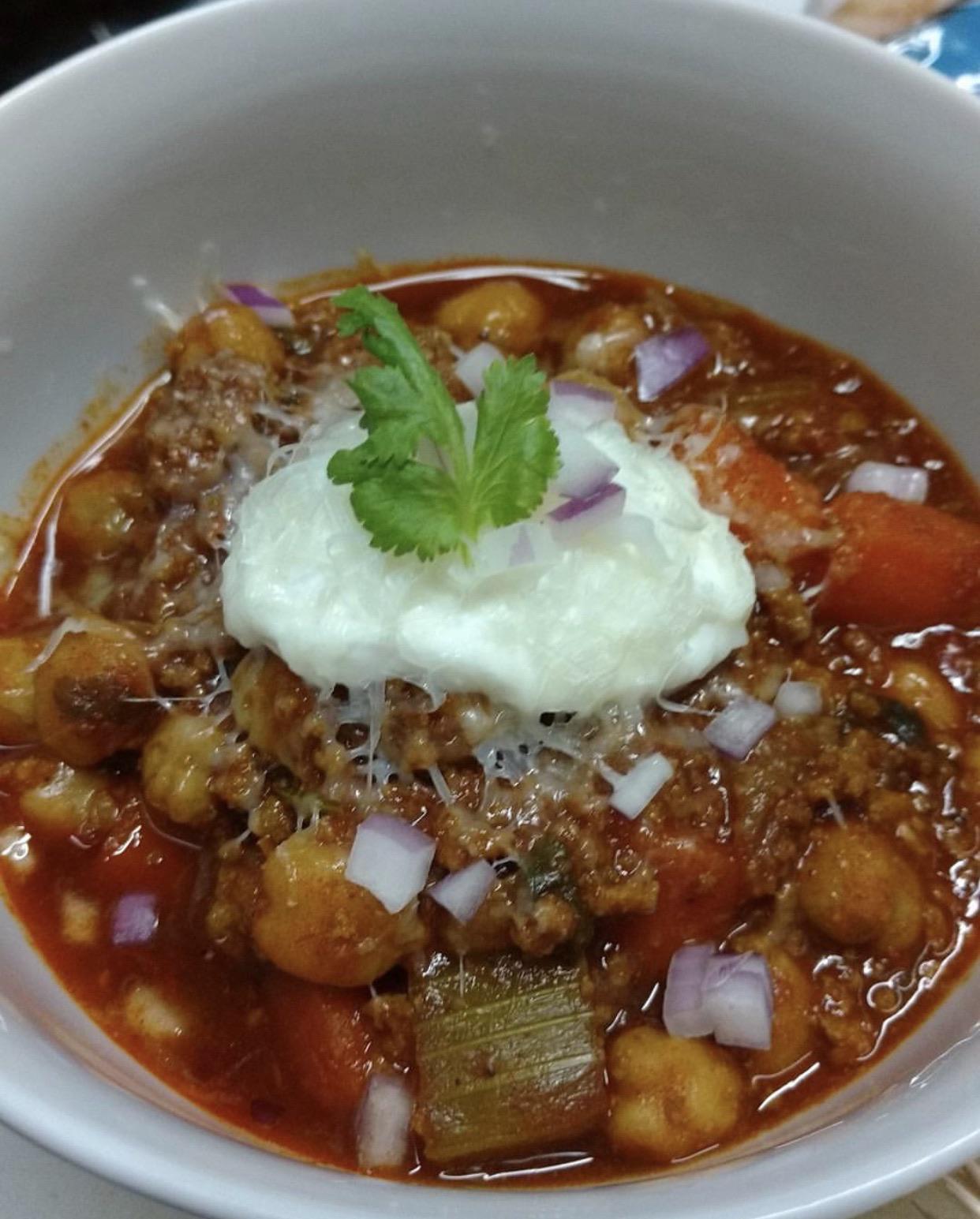 Moroccan veal and garbanzo bean chili with a hint of spice and homemade coconut sour cream. If