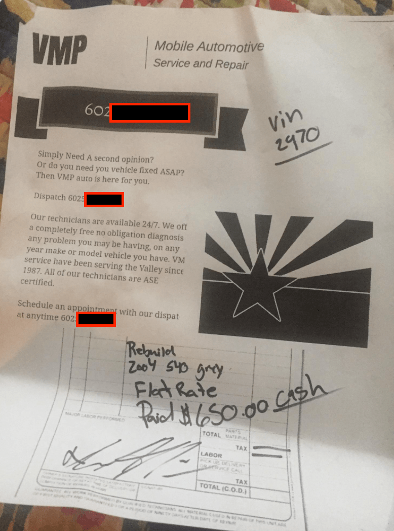 Mobile Mechanic Craiglist Scam (AZ, Phoenix) "VMP Mobile Repair, Samuel