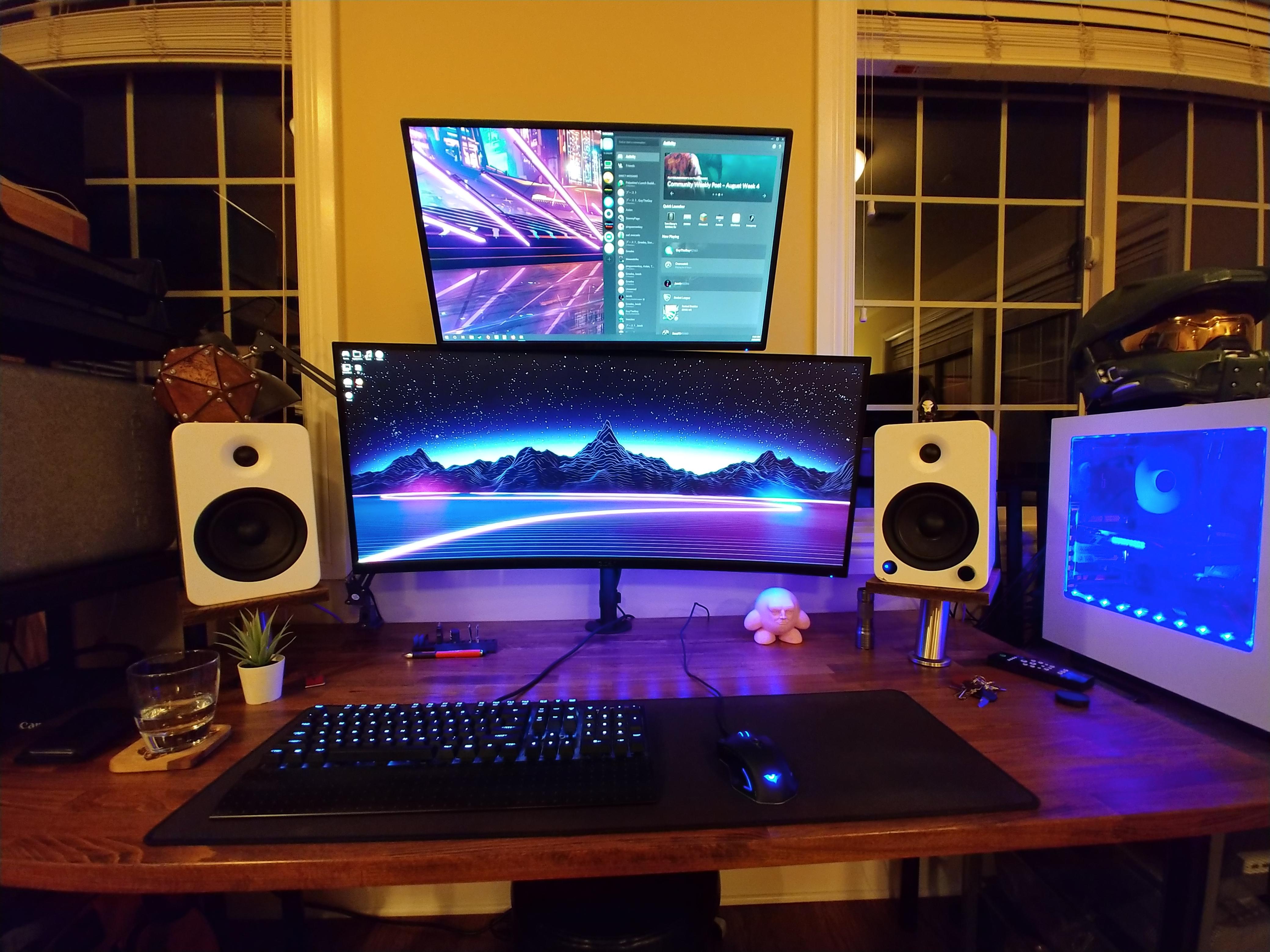 Finally finished my dream battle station. Butcher block desk, custom speaker stands, built in