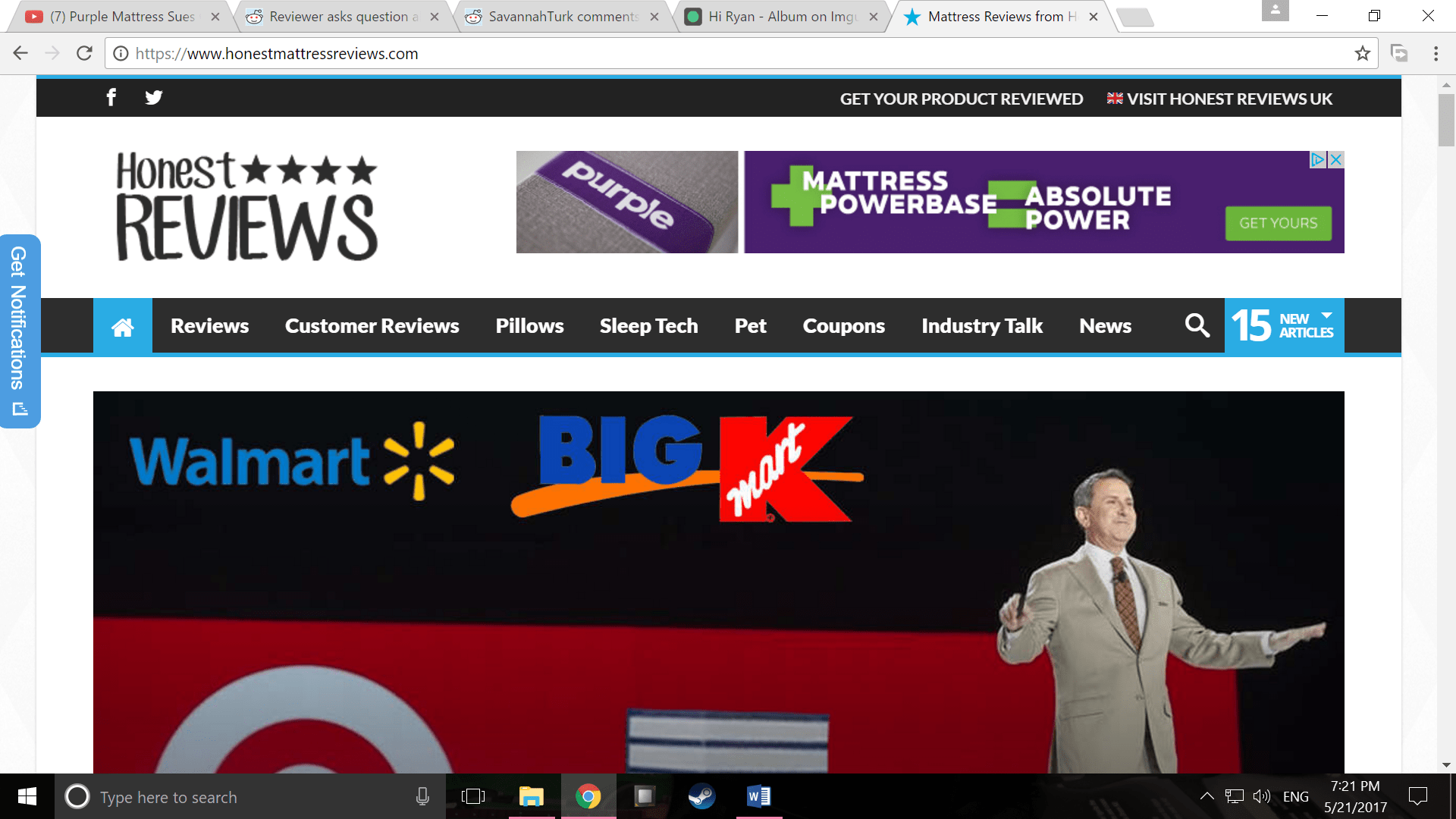 An ad for Purple mattresses on Honest Mattress Reviews. Ironic