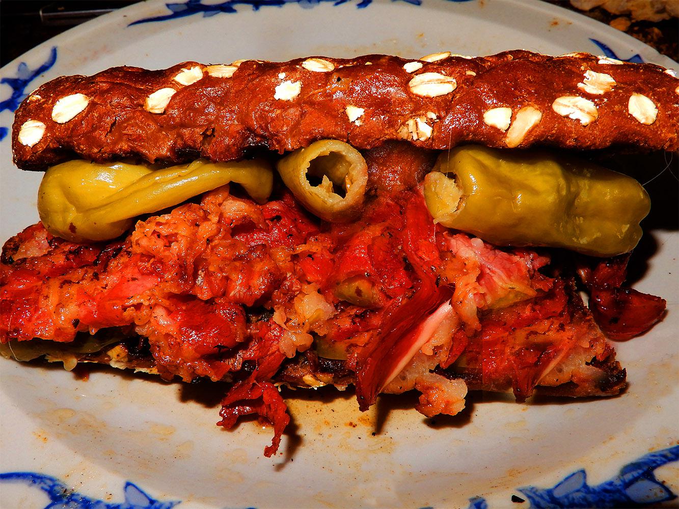 [OC] Home made grilled Pastrami Dip Sandwich with Pepperoncini's on