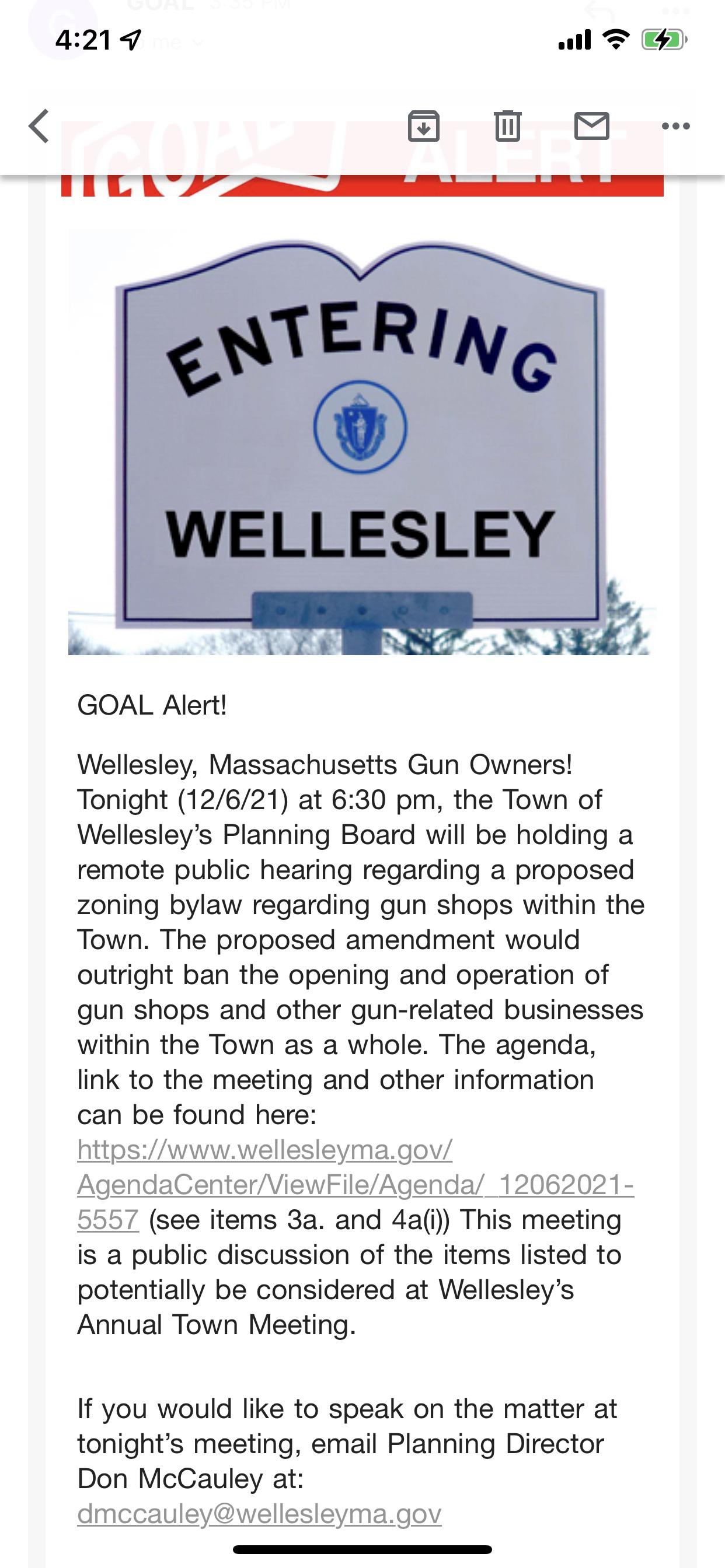 GOAL Email about gun shop zoning in Wellesley r/MAguns