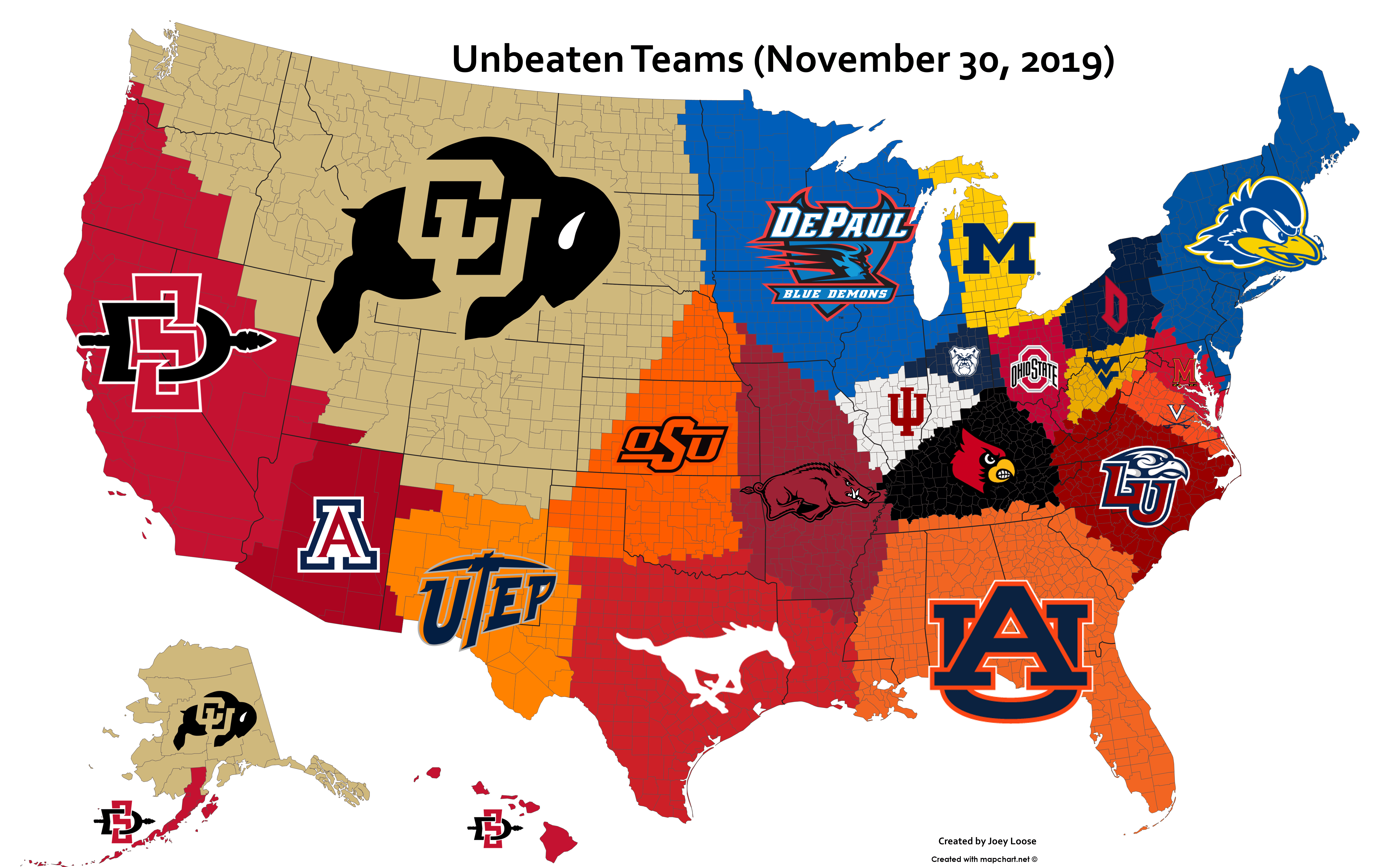 Closest Undefeated Team to Each US County (November 30, 2019) r