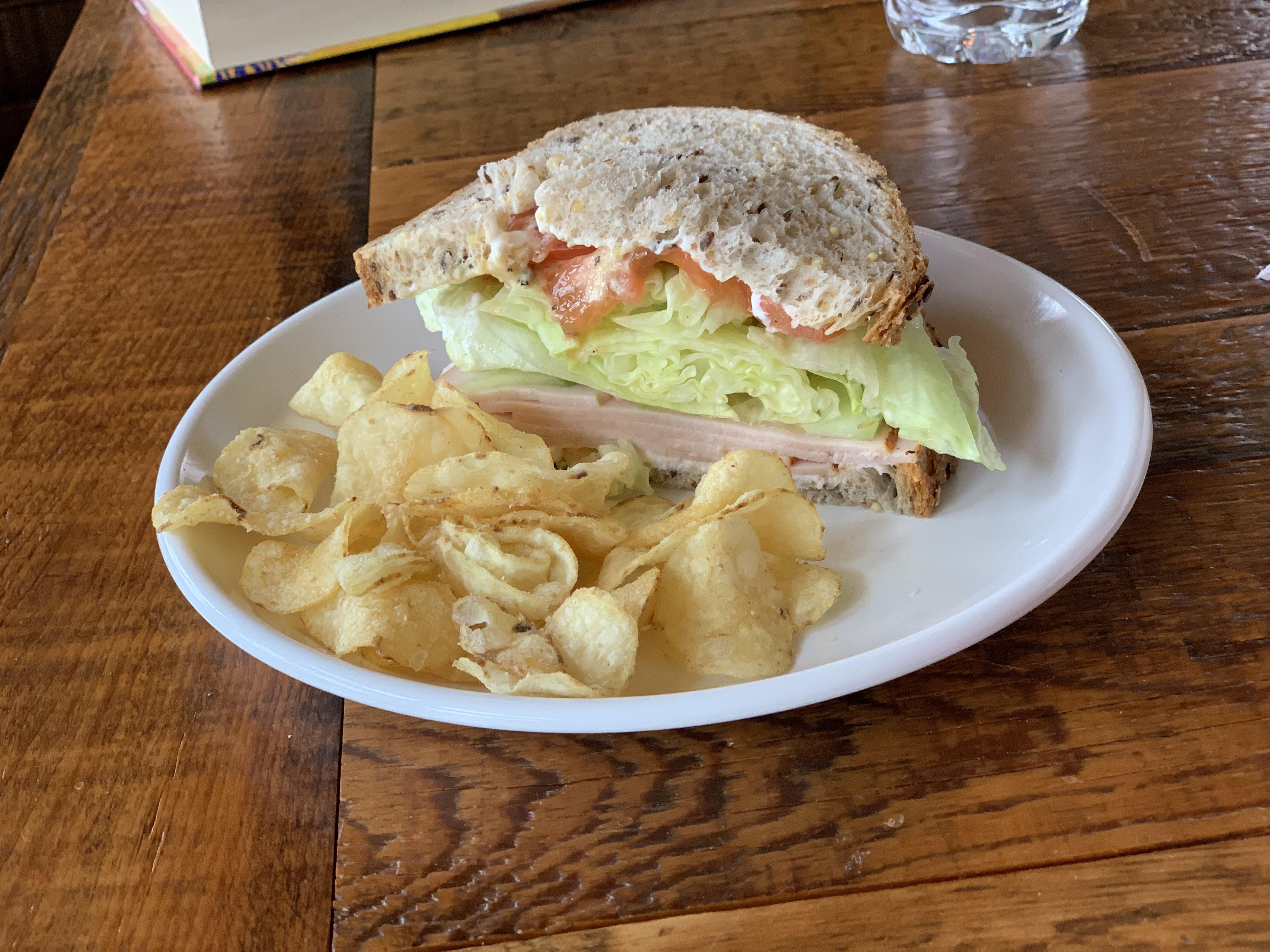 Sun dried tomato turkey breast, LTM, Cuc, Dijon on multigrain. r