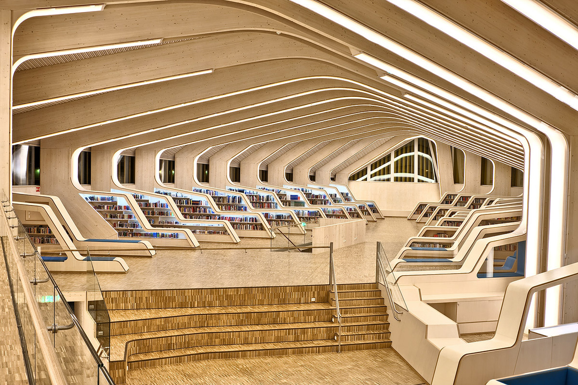 Public library near where I go to school. All of the lighting, shelving, and seating is builtin