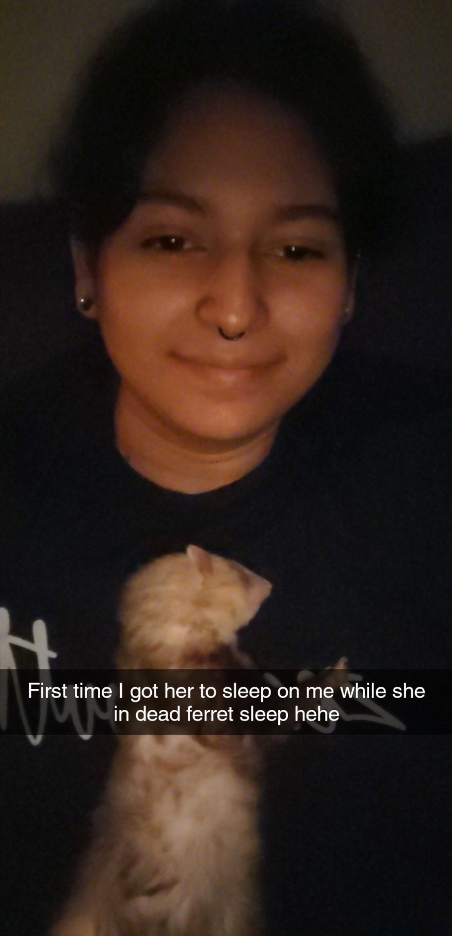 MY BABY SLEEPING ON ME FOR THE FIRST TIME IN DEAD FERRET SLEEP!!!! her