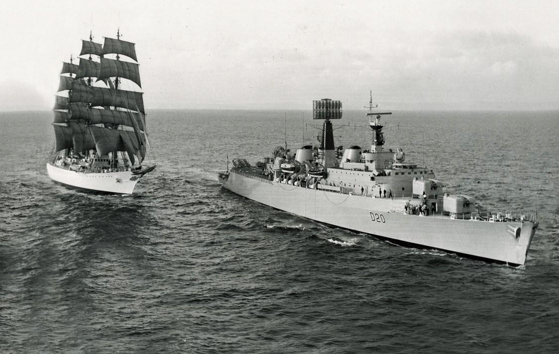 Countyclass destroyer HMS Fife (D20) escorts Argentinian tall ship ARA